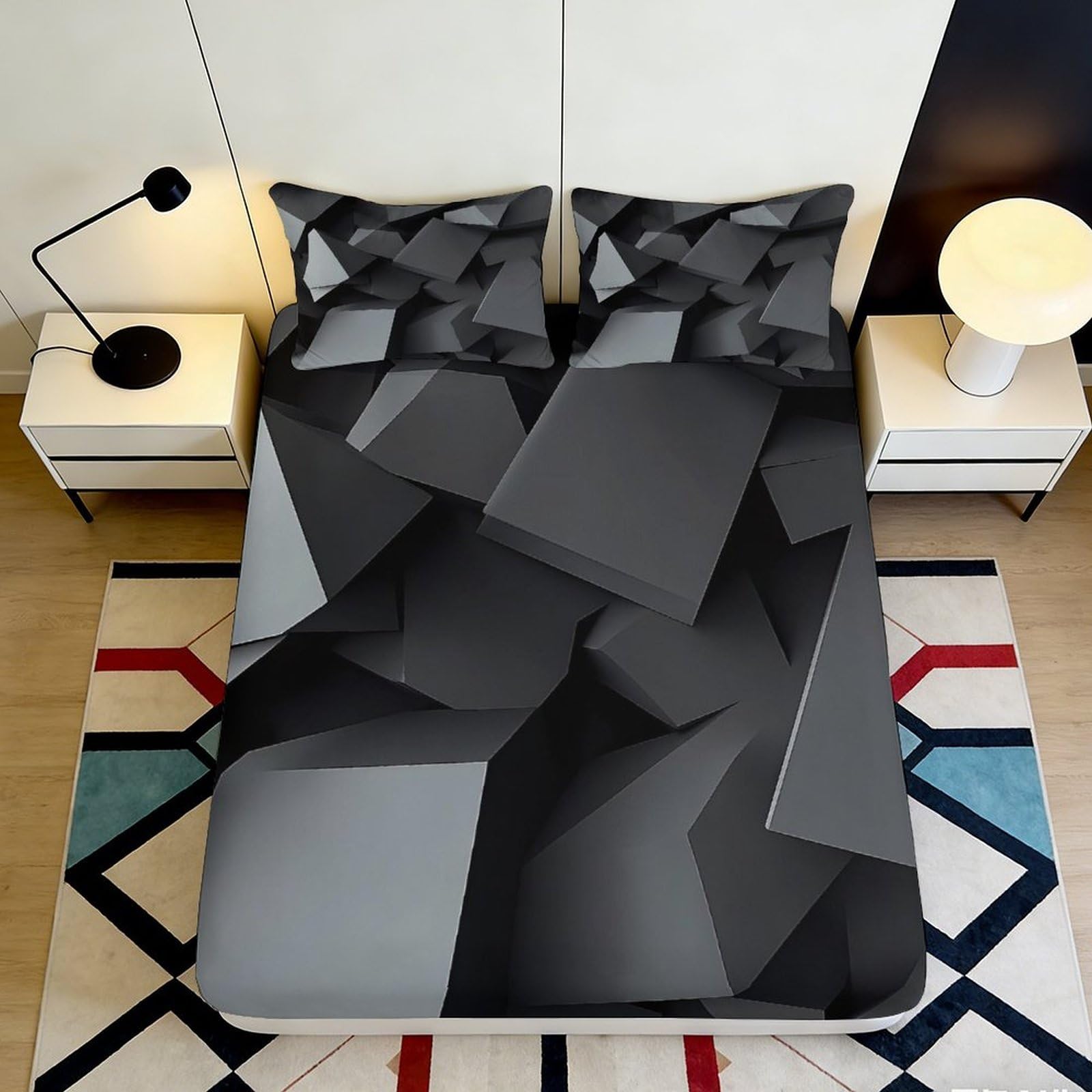 3D Printed Geometric Abstract Fitted Sheet Microfiber Soft Black Grey 3D Block Mattress Cover for Bedroom Dorm Decor 90x200x25cm