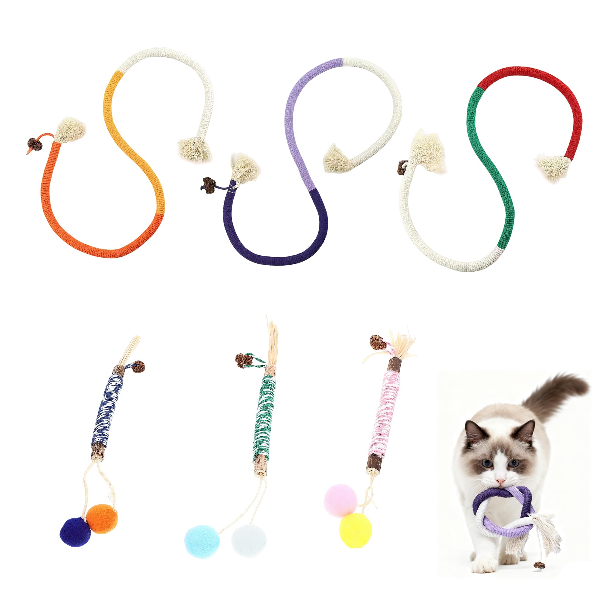 KUAJTUN 6PCS Cat Chew Toy Set, Interactive Catnip Toys for Cats and Kitten Teething Toys, Indoor Cat Toys for Adult Cats, Promotes Teeth Cleaning, Chewing Fun, and Cat Enrichment