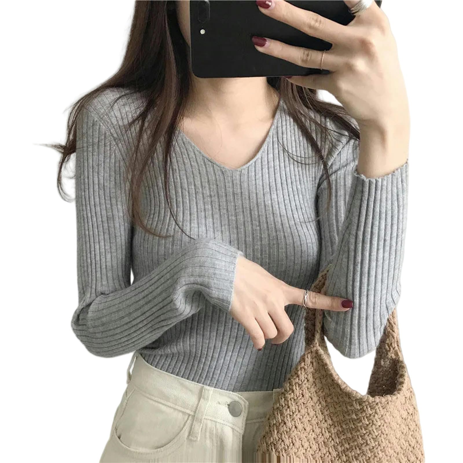 Ropa Mujer Suéter De Otoño V Cuello Suéter Tejido De Moda Delgada Cima De Invierno para Mujeres Jersey Jersey-Gris-Talla Única
