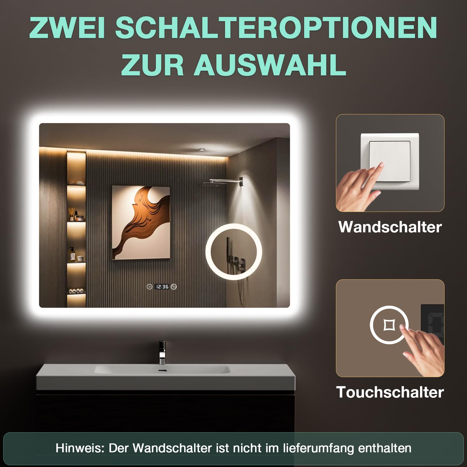 LED Bad Spiegel 80x60 cm mit Beleuchtung, 3 Lichtfarben & Dimmbar, Antibeschlag, Uhr & 3-fache Vergrößerung, Wandspiegel für Badezimmer