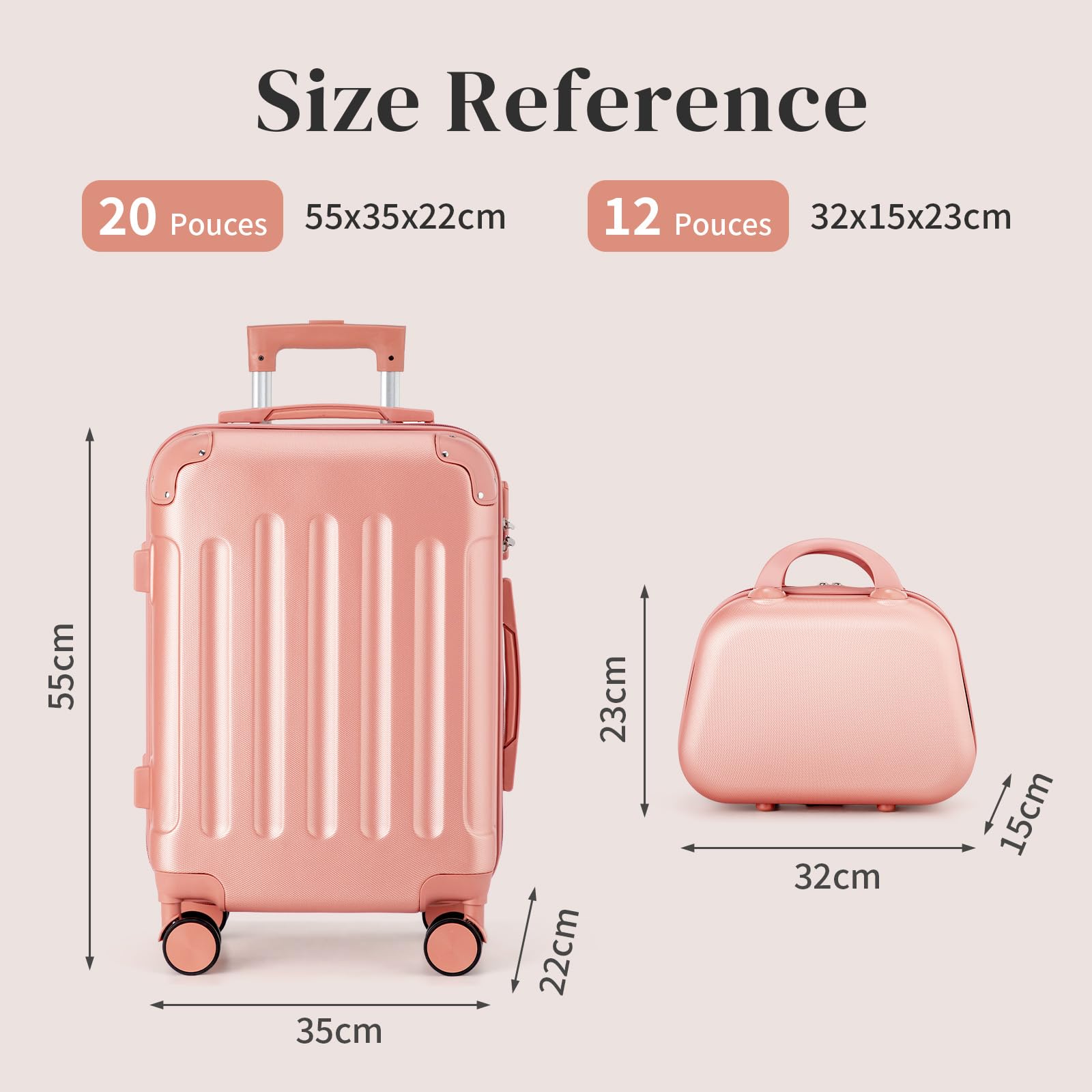 LEADZM Valise Cabine avec Vanity Case, Set de 2 Valises de Voyage avec Renforts d'angle, Set de Bagage pour Voyage en ABS (Or Rose)