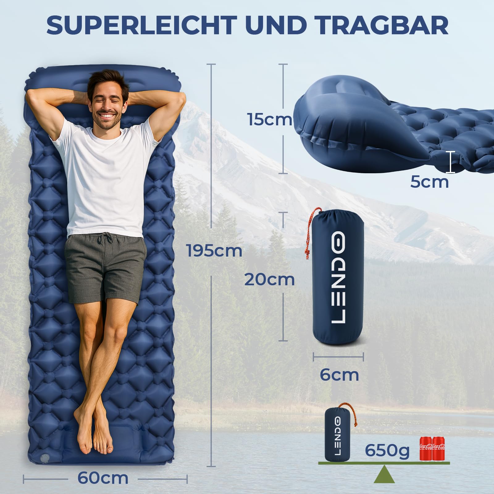 LENDOO Ultraleichte Aufblasbare Isomatte, 195cm*60cm Isomatte Selbstaufblasend Mit Aufblasbarem Kissen Isomatte Camping Outdoor Wasserdicht mit Fußpumpe luftzellenmatte aufblasbar für Outdoor