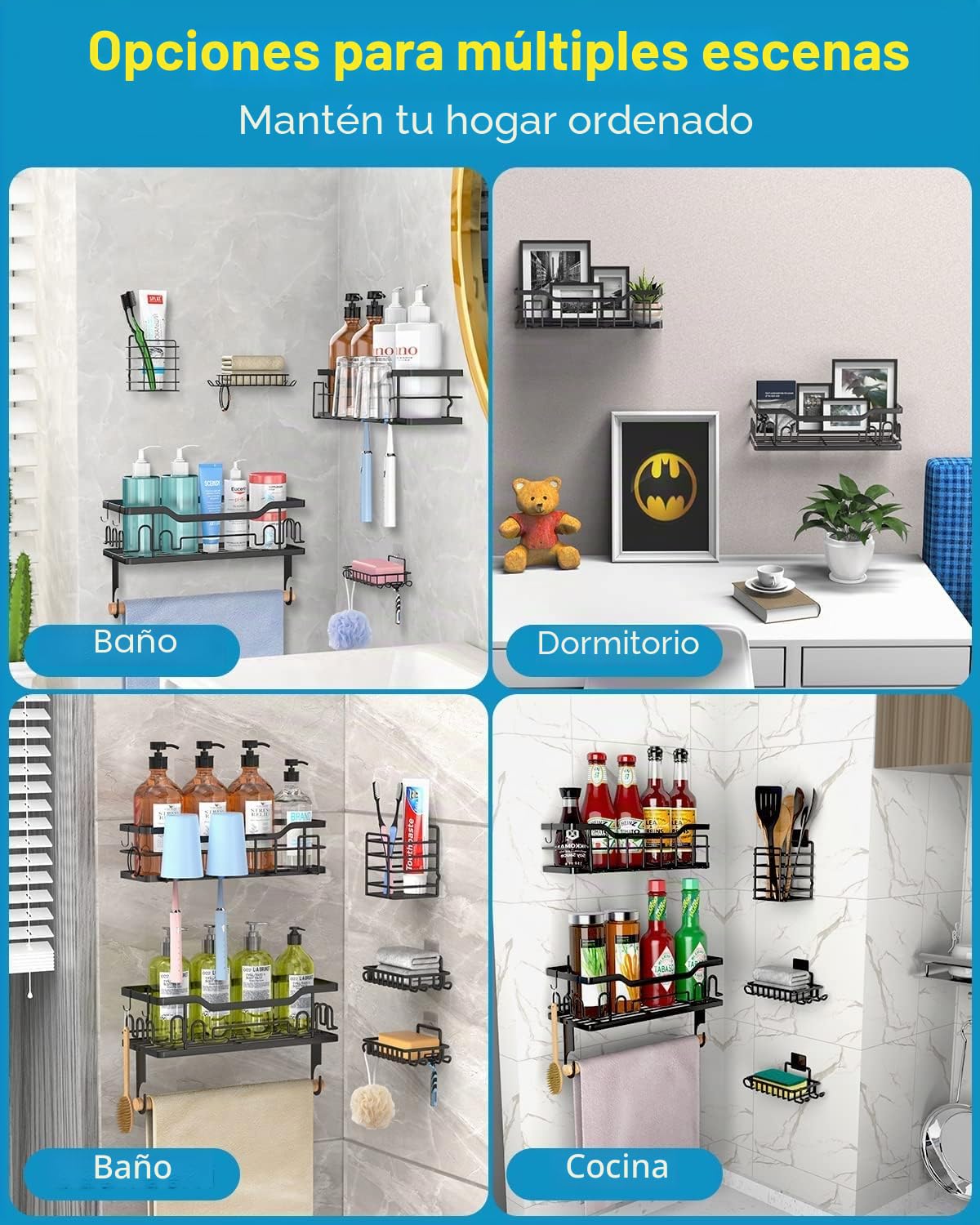 Organizador de ducha – Paquete de 5 estantes de ducha, organizador de ducha adhesivo para colgar sin taladrar, organizador de baño de acero inoxidable de gran capacidad, almacenamiento de
