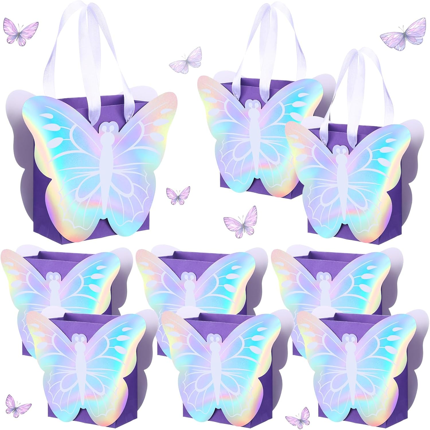 Sweetude 12 Pcs Holographic Butterfly Party Favor Bags Iridescent Purple Butterfly Goodie Bags for Birthday Gift Treat Candy Baby Shower Party Bridal Showers Supplies