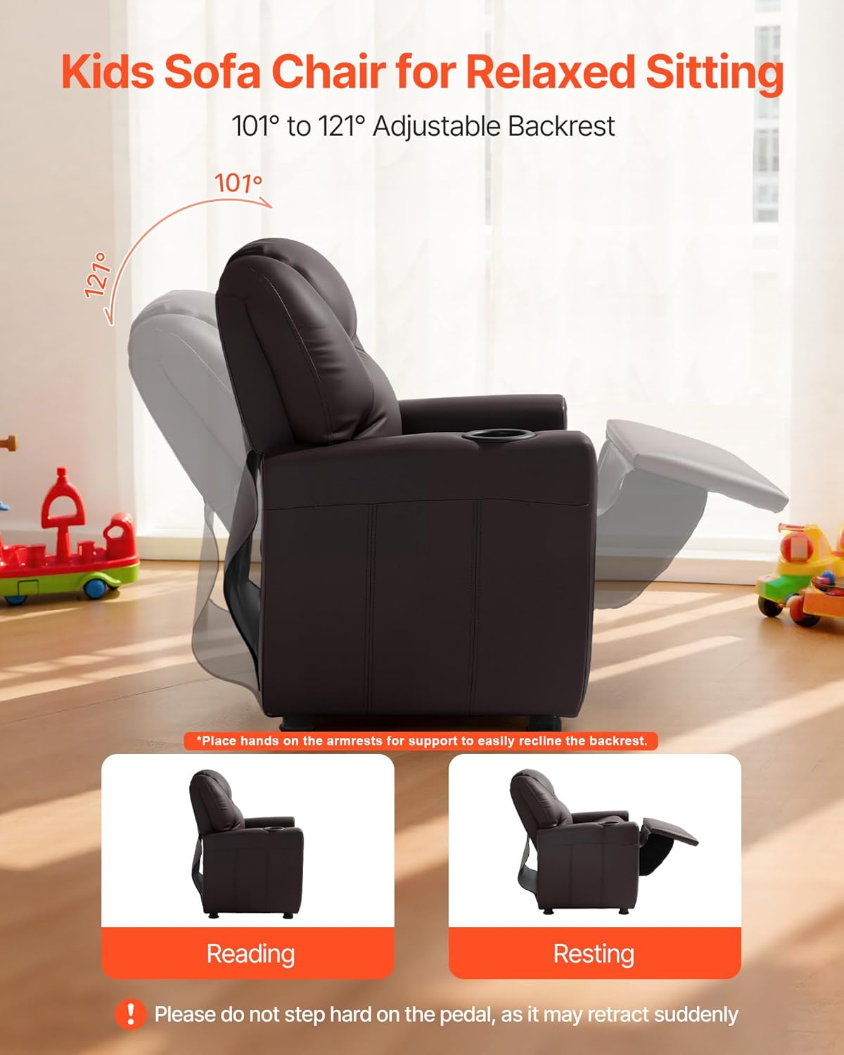 VEVOR Kids Reclining Chair, Toddler Recliner with Cup Holder, 101° to 121° Adjustable Backrest, Easy-to-Clean PU Leather Recliner Couch with Footrest, 90 lbs Load, for Boys & Girls, Children (Brown)