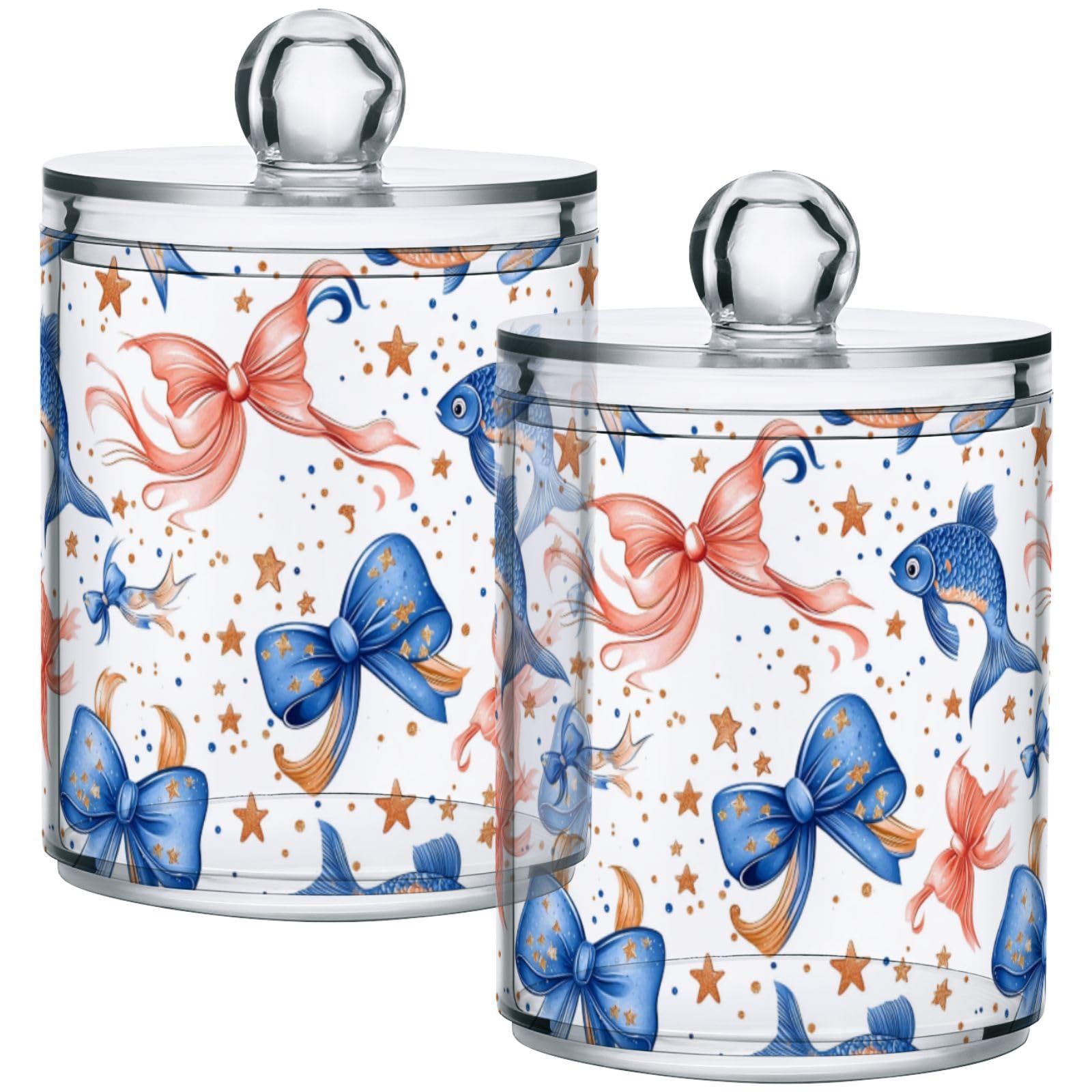 Gredecor 2 Pack Qtip Holder Clear Bows Fishes Apothecary Jars with Lids Acrylic Bathroom Jars Vanity Countertop Canister Storage Organizer for Cotton Ball,Swabs,Pads,Floss