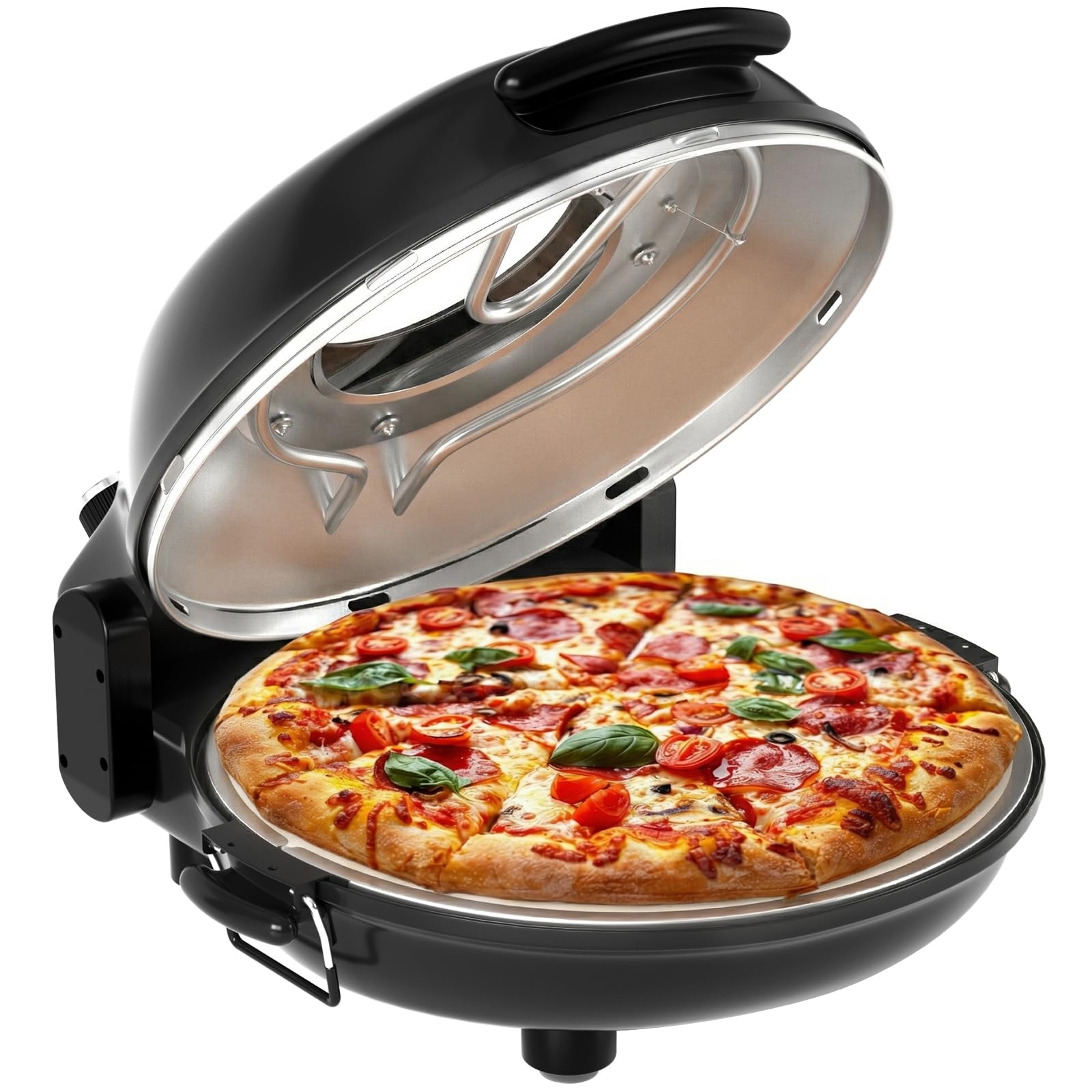 Elektrischer Pizzaofen 427°C / 800°F, 30cm Naturkeramik Pizzastein, Doppelte Temperaturregler mit Thermometer, Schnellaufheizung mit Sichtfenster,Pizzabackofen für zu Hause, knusprige Pizza 6 Minuten