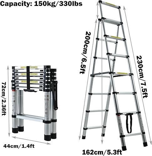 Miniatura 2 de Escalera telescópica de 7.5 pies, extensión de marco A, ligera, plegable de 6+7 escalones, portátil, capacidad de 330 libras, escalera para techos,