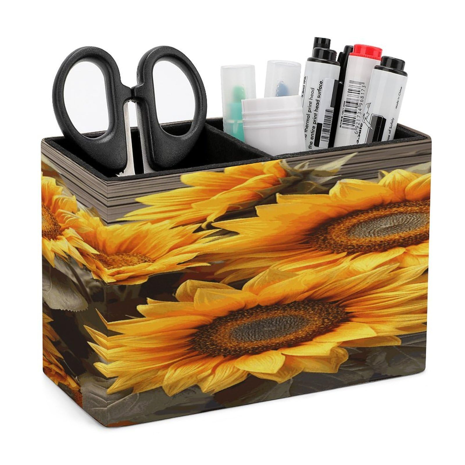 FekiLoot Plants Theme Sunflower Leather Pen Holder for Desk Double Compartments Brush Minimalist PU Leather Pencil Holder Locker Organizer for Work Locker Accessories Pencil Cup for Desk
