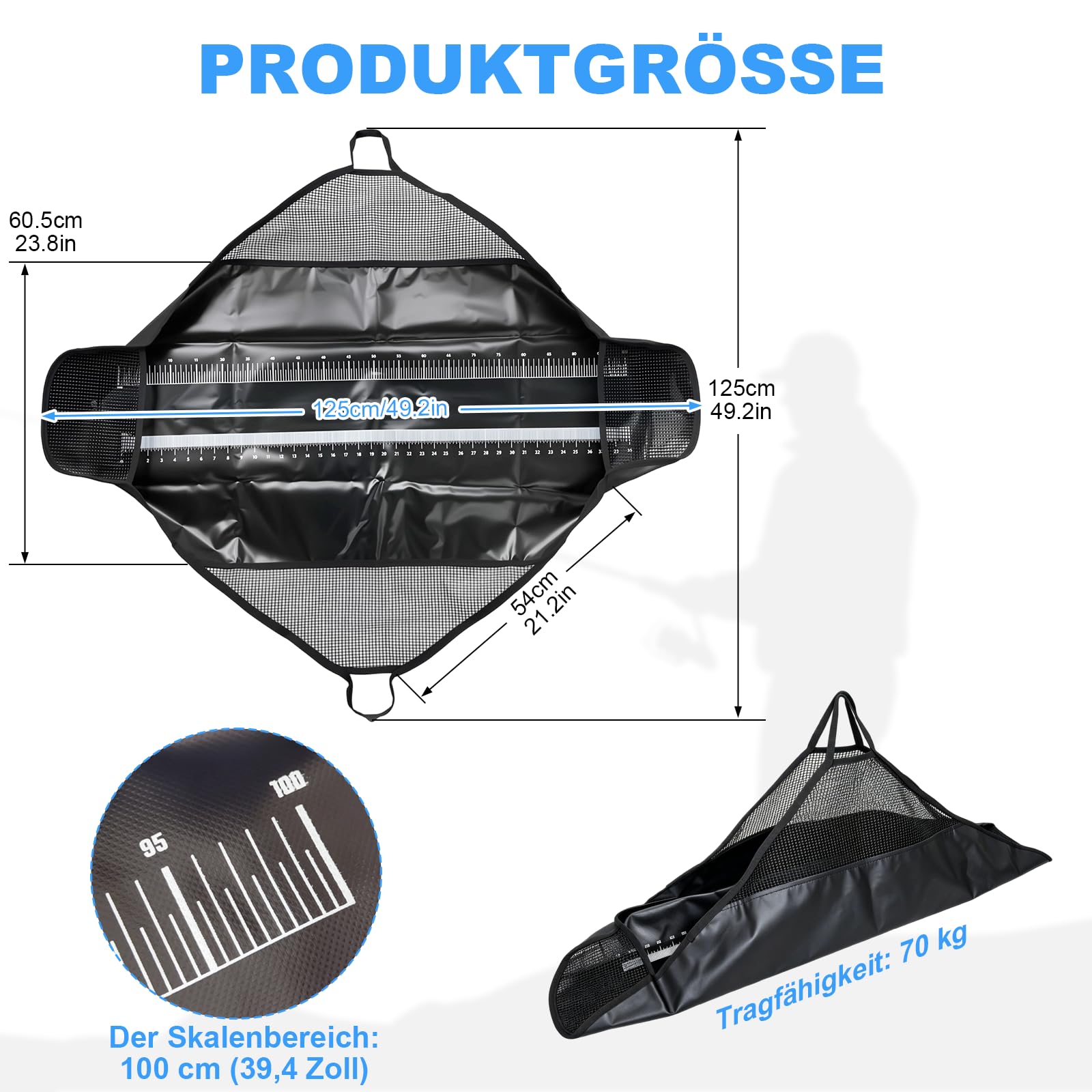 Mata do odhaczania ryb 120 x 65 cm, z taśmą mierniczą, mata do odhaczania ryb drapieżnych z uchwytami, do transportu i wagi, wodoszczelna mata do ważenia karpia