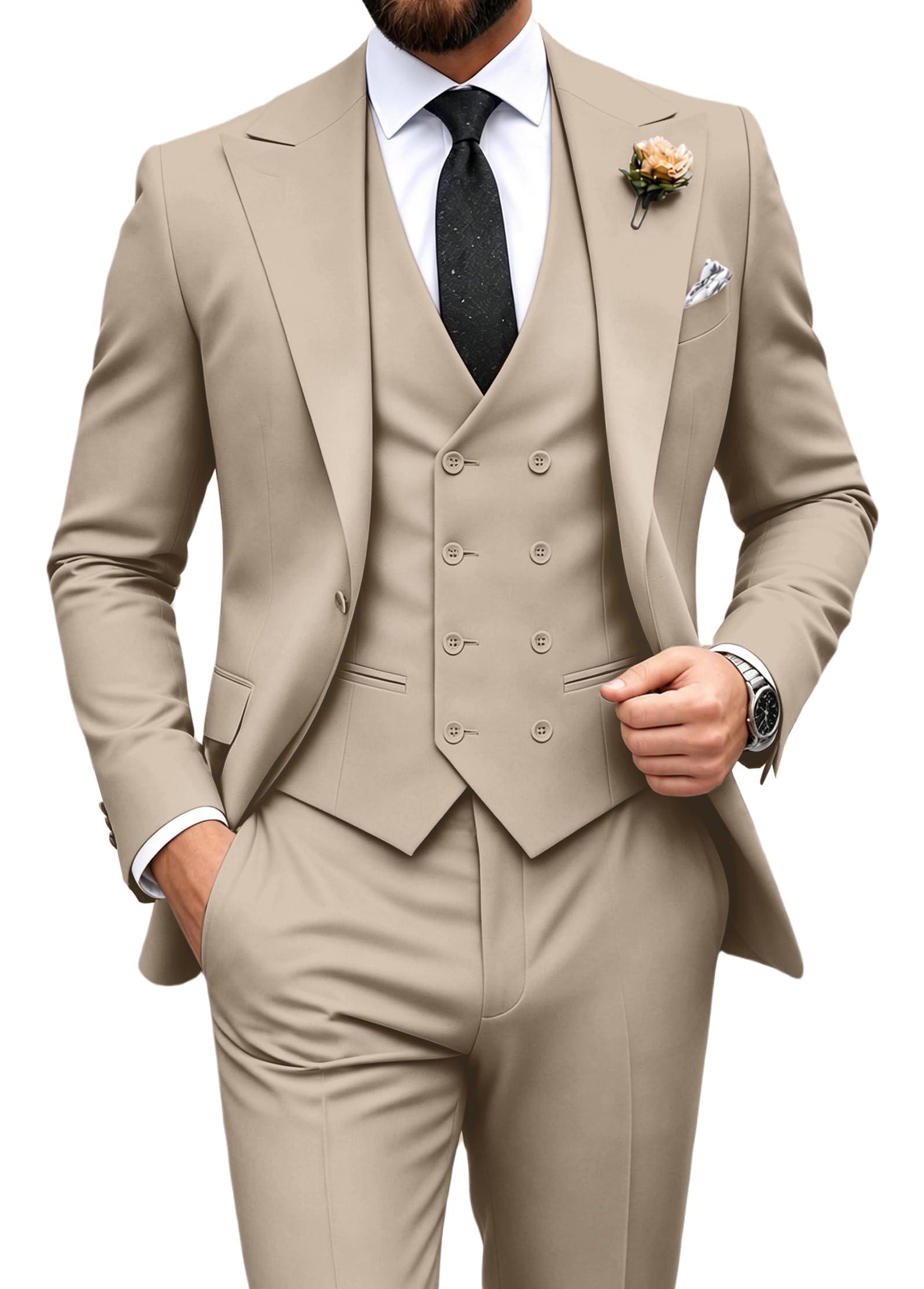 HUEZOE Mens Slim Fit 3 Piece Double Breasted Suit Set (Blazer, Vest, Pants) Champagne XS