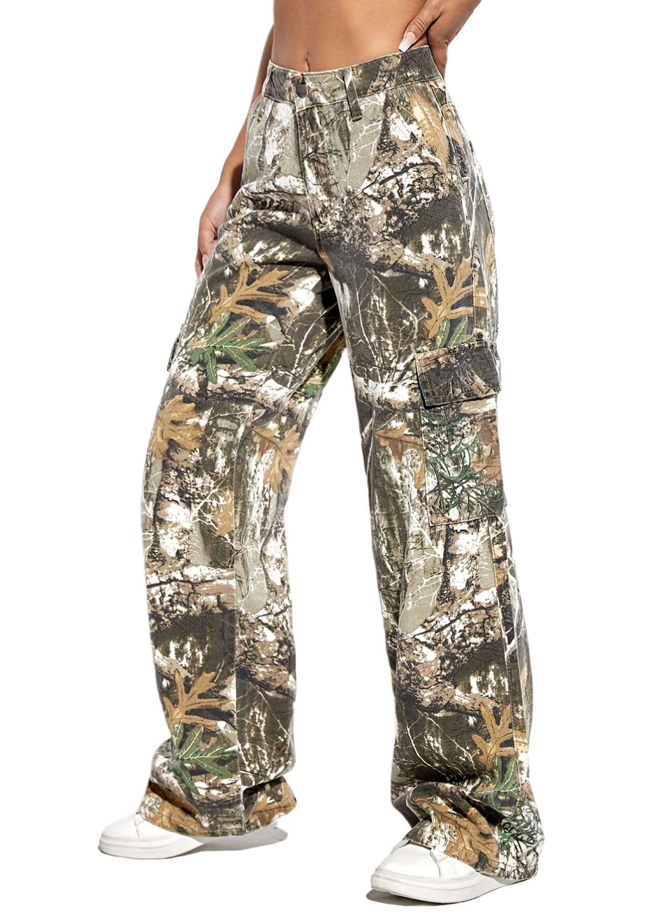 Camo Cargo Pants Women High Waist Baggy Wide Leg Camouflage Army Fatigue Jean Trouser Slim Fit Pocket Jogger