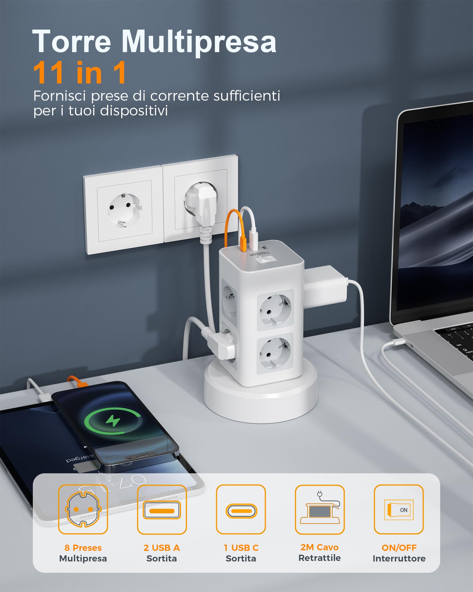 TESSAN Ciabatta Multipresa con 1 USB C, Ciabatta Elettrica con 8 Presa, Prolunga Retrattile 2M, Torretta Multipresa da Scrivania con 1 Interruttori Indipendenti, Girgio