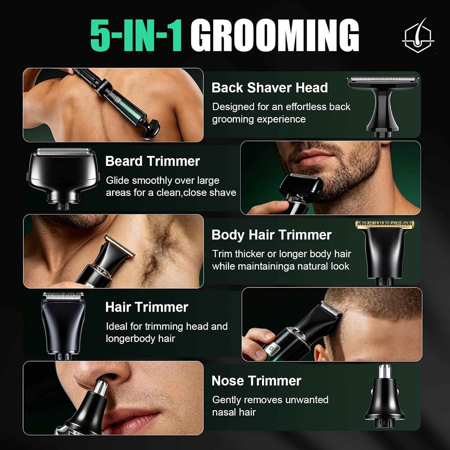 Back Shaver for Men, LED Display 5 in 1 Body Groomers Kits with Rechargeable with Long Handle, Waterproof IPX6 Wet/Dry,Multi-Functional Back Trimmer for Men,Green
