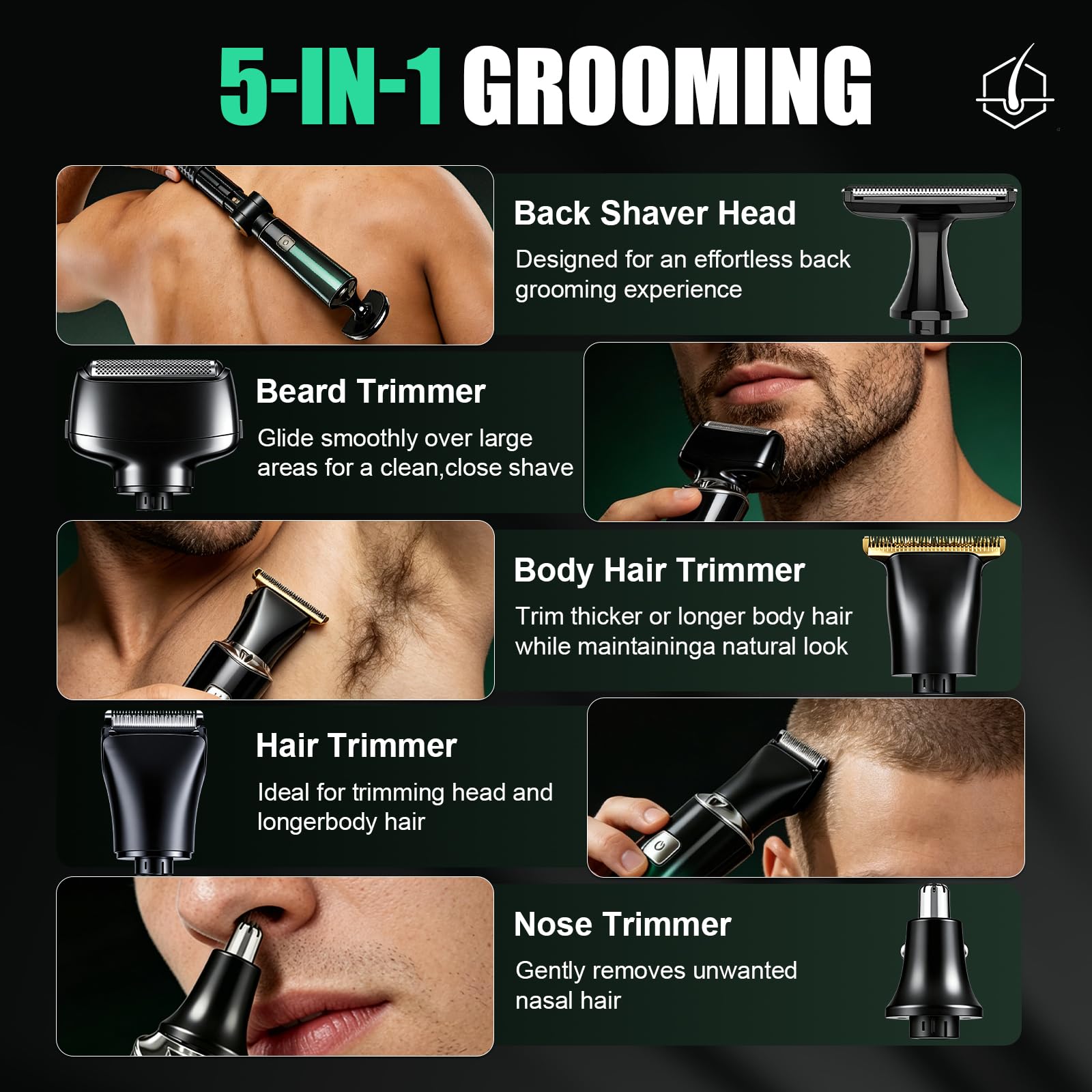5-in-1 Back Shaver for Men with Long Handle, Green