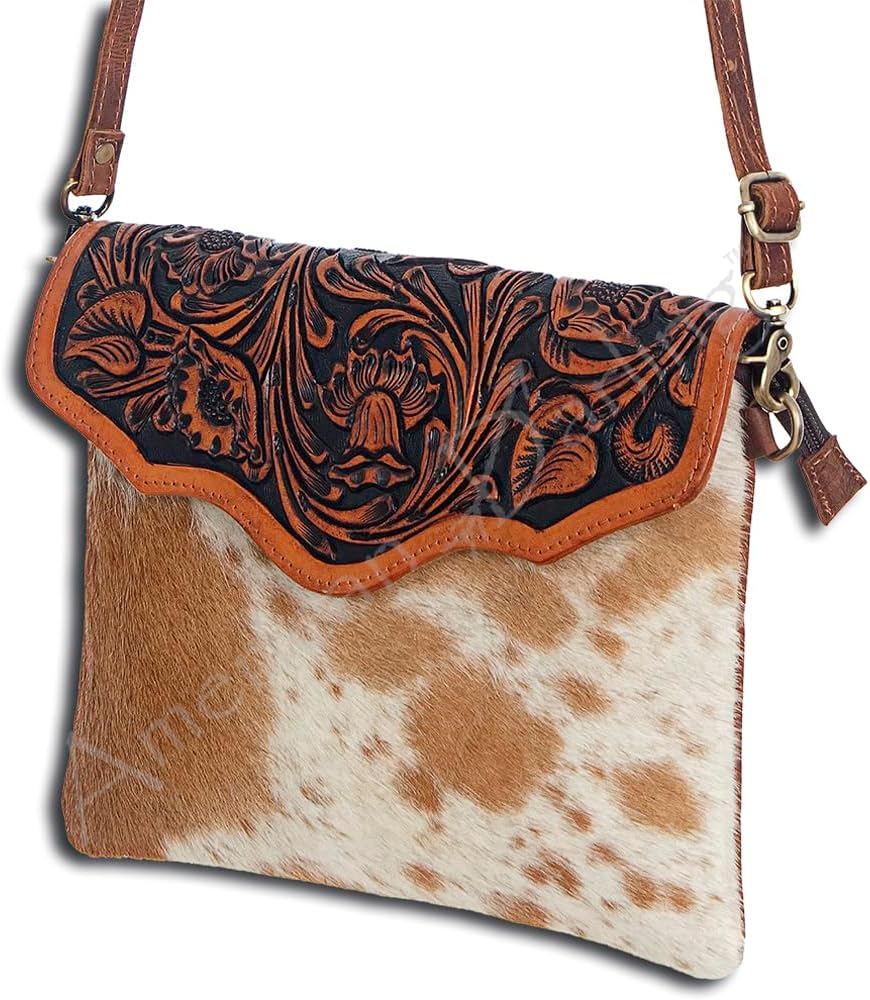 American Darling Envelope Bag Handcrafted from Hand Tooled Floral Leather & Hair-On Cowhide with YKK Zipper
