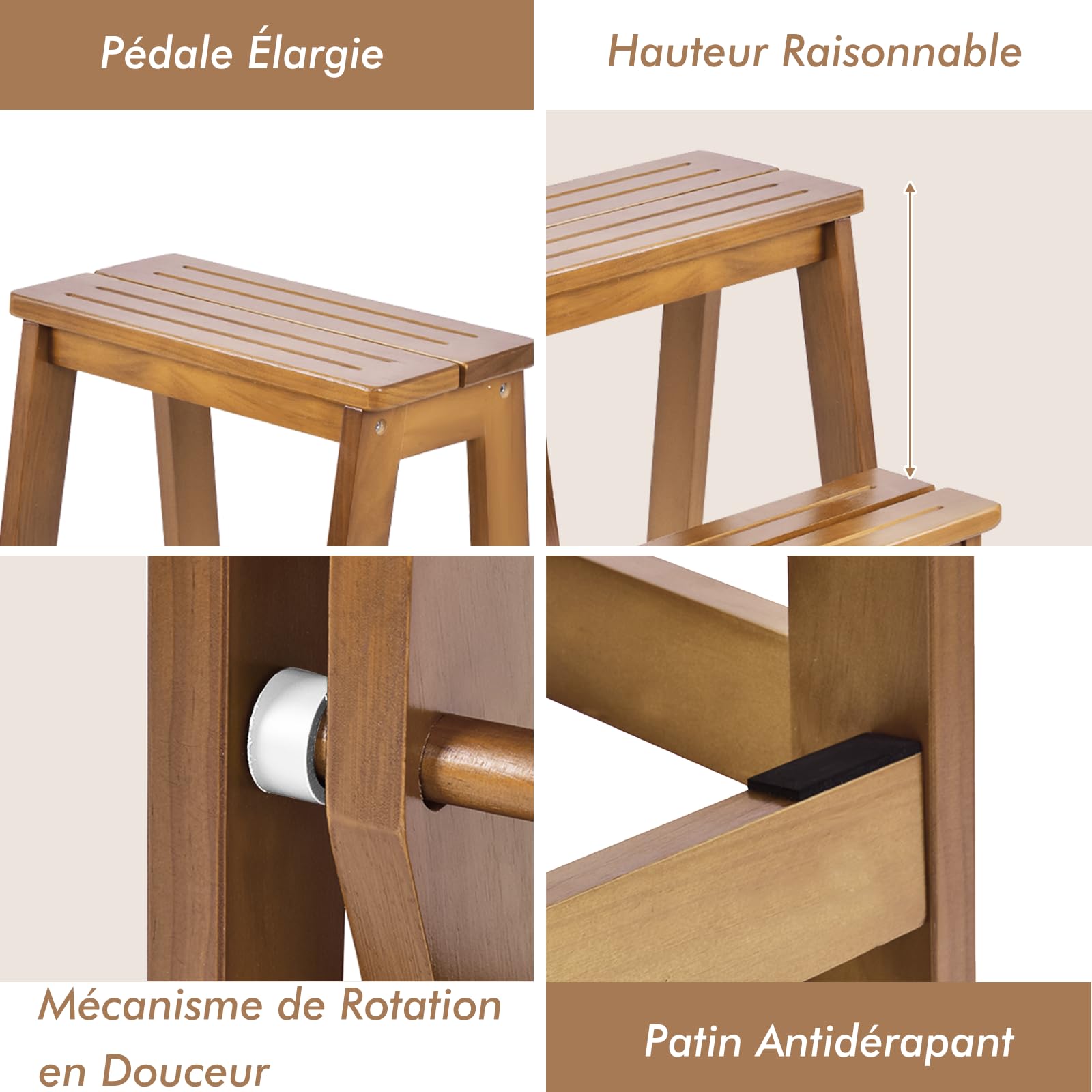 GIANTEX Escabeau Tabouret en Bois,Escabeau à 3 Marches Pliable,Marche Pied Echelle Portable, Peu Encombrant,pour Cuisine Chambre (Naturel)