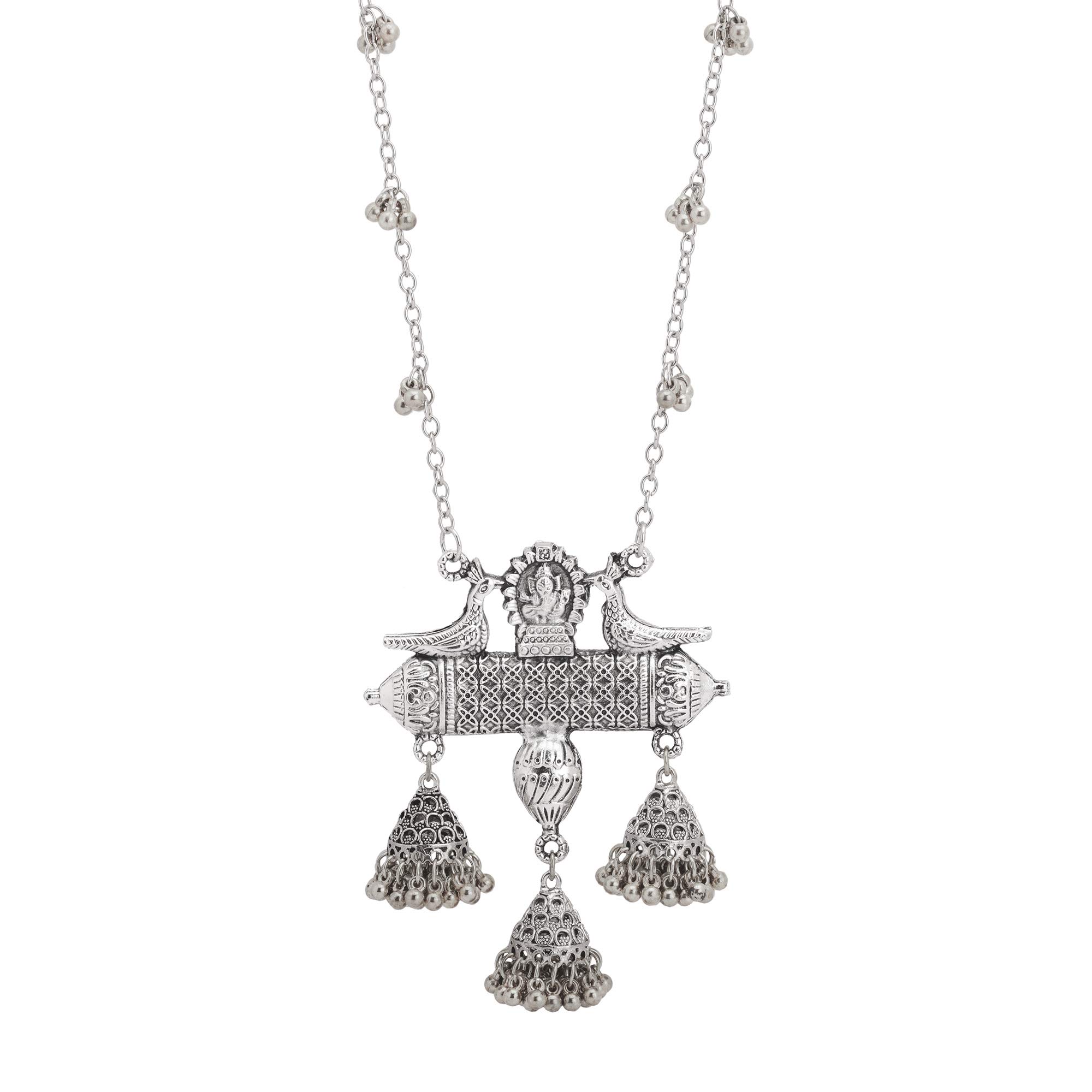ZephyrrHandcrafted Dual Tone Pendant Necklace for Women Devotional Long Necklace with Jhumki Jewelry