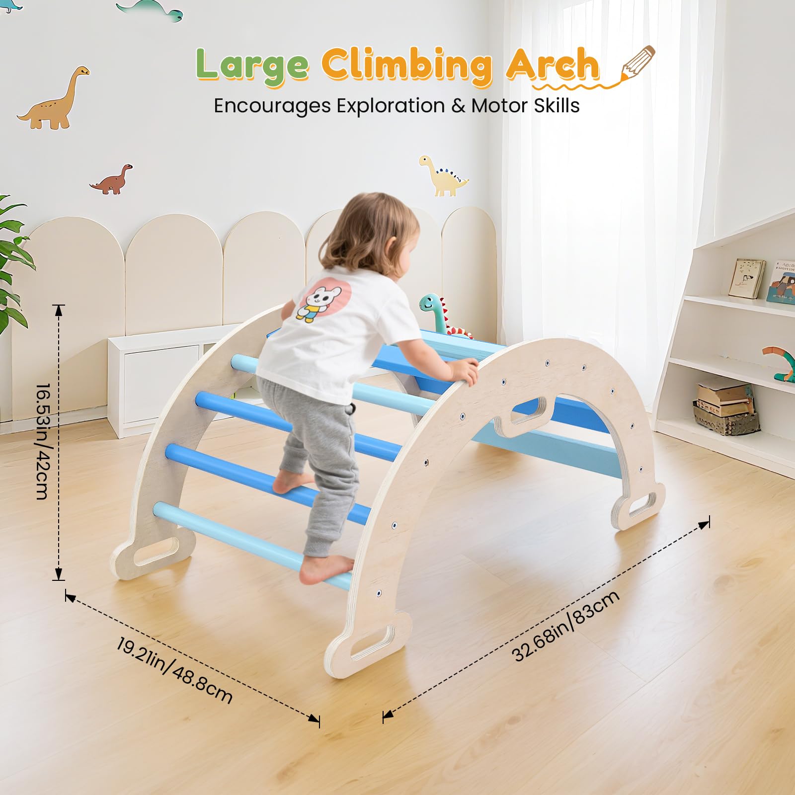 nmoiww Struttura da Arrampicata per Bambini 3 in 1, Scala da Arrampicata in Legno per Bambini con Cuscino Accogliente, Palestra da Gioco Montessori per Interni (Blu-2 in 1)