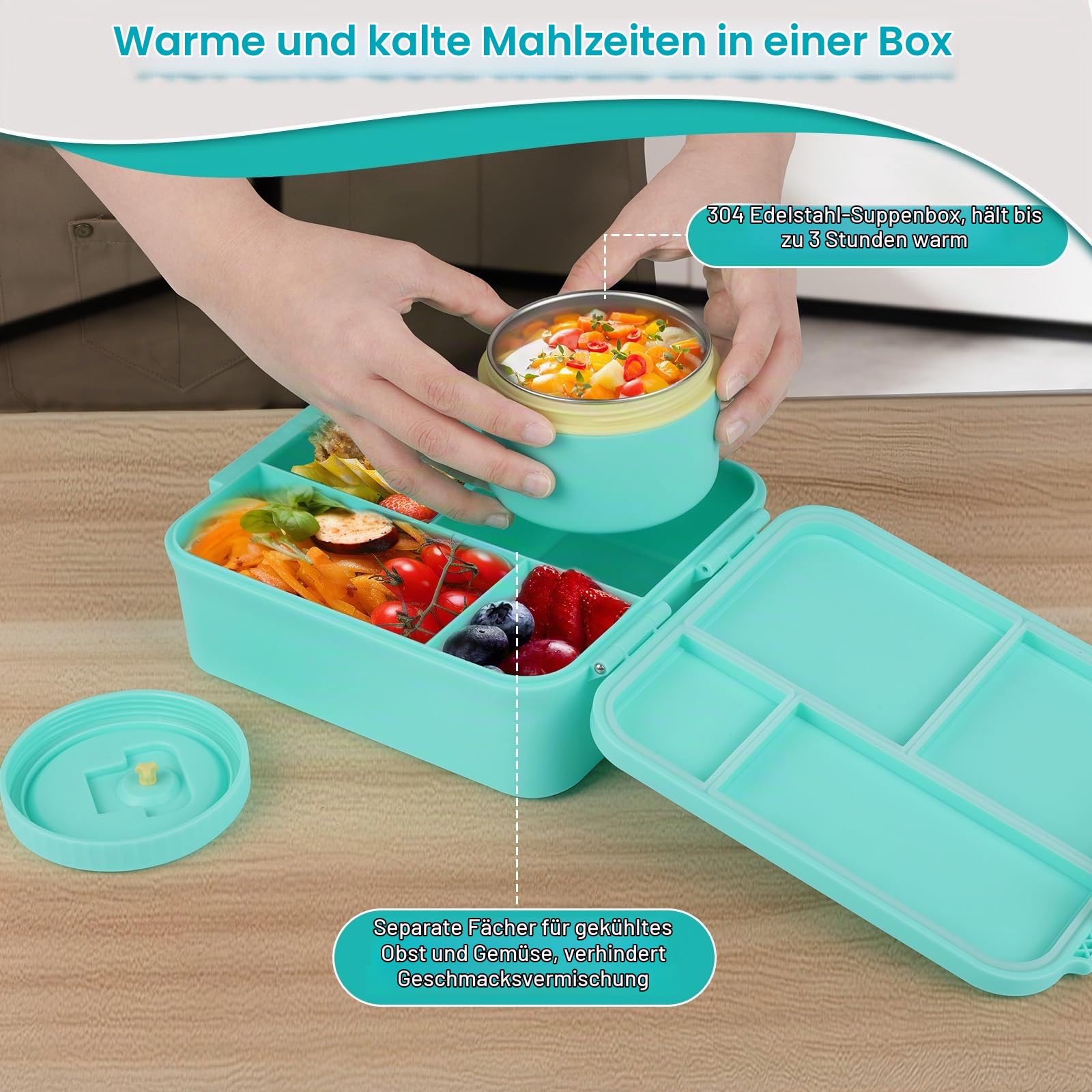 Cozary Junior Brotdose Kinder, Brotdose Kinder mit Fächern, 1700ML, mit 3-Stunden-Wärmeisolierbox, BPA-Freie Thermo Lunchbox, Schule, Ausflüge, Microwave/Dishwasher Safe