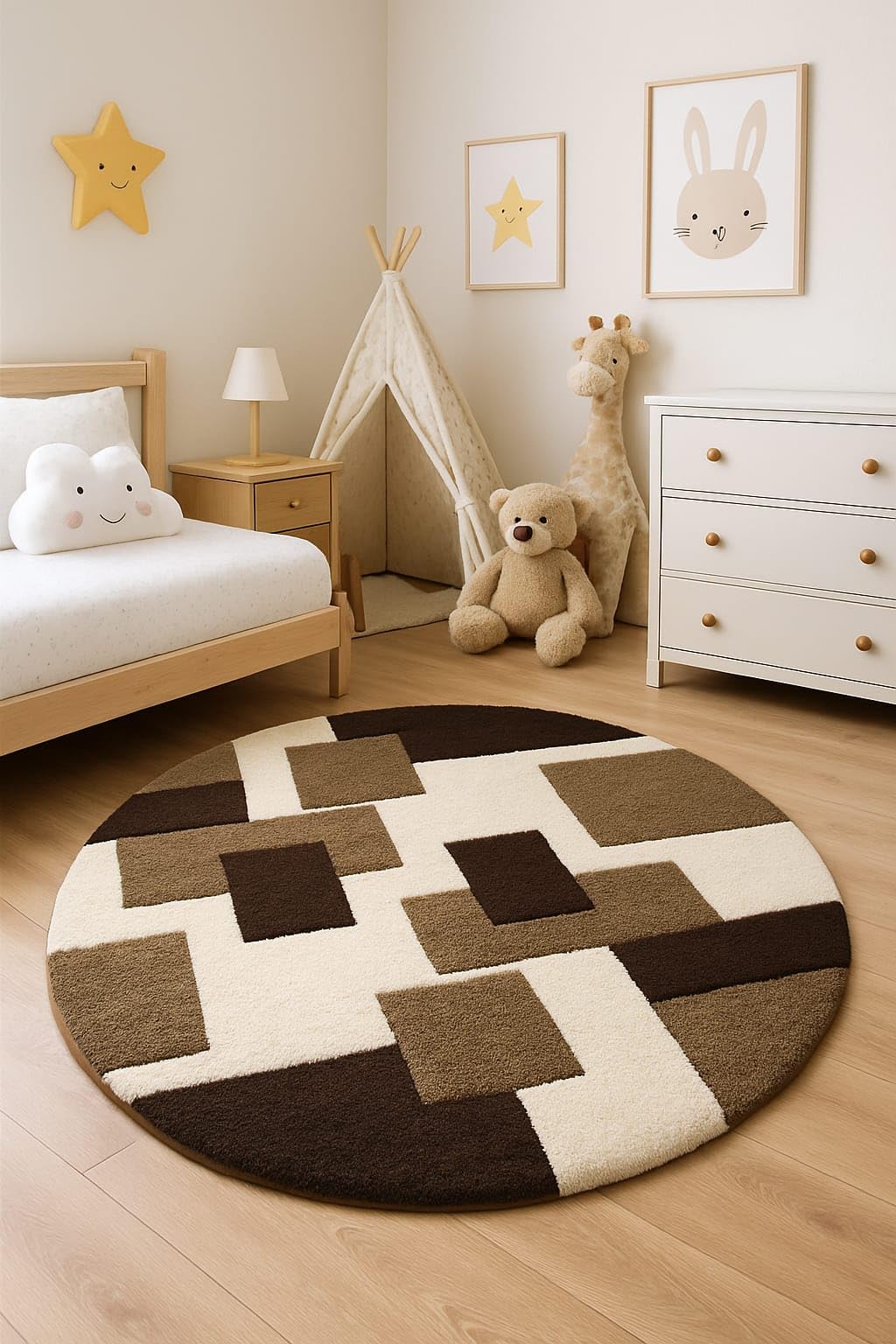 Modern Abstract Round Rug - Blue & Beige -8 Modern Abstract Round Rug - Blue & Beige -8