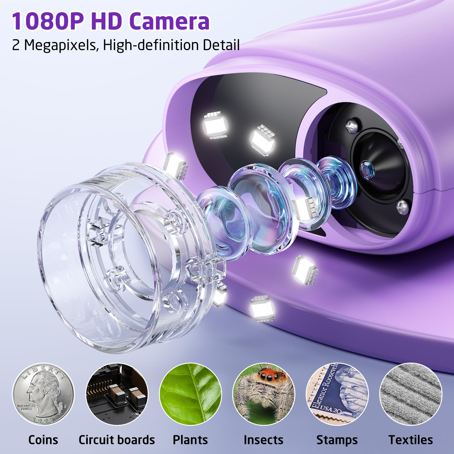 Microscope Numérique pour Enfants, YYCT écran 2 Pouces HD 1080P Microscope Enfant, 1000X Rechargeable Microscope pour Expériences Scientifiques en Extérieur, à partir de 3 Ans (Purple)