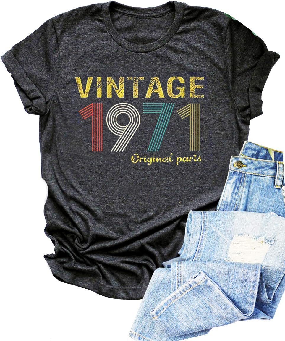 GREFLYINGVintage 1971 T Shirt Women 50th Birthday Gift Shirts Funny Cute Birthday Party Tees Shirts Casual Retro Blouse Tops