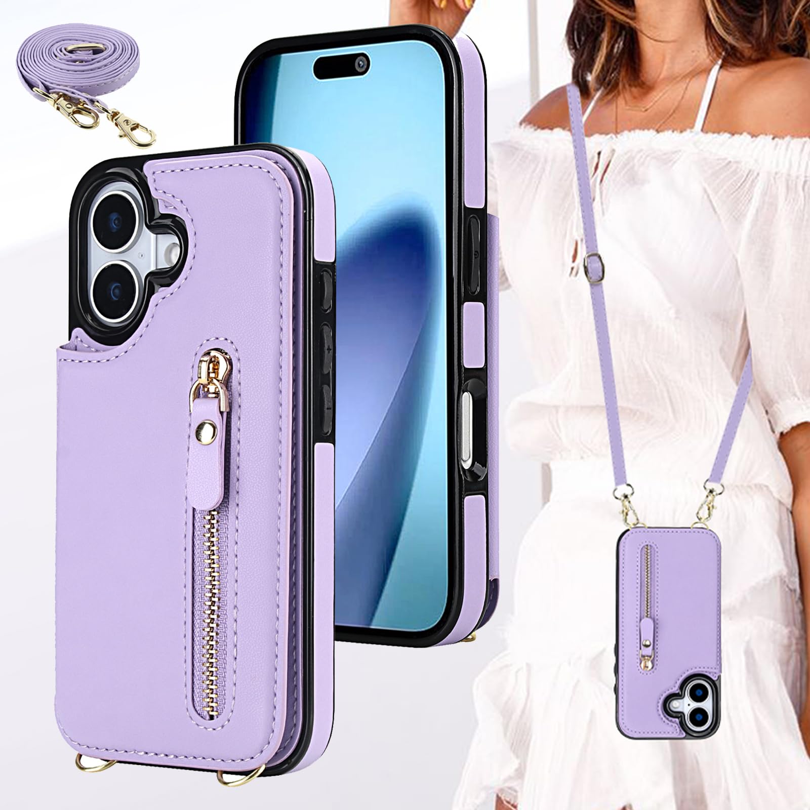 BonwFzin 適用 iPhone 17 ケース ショルダー ストラップ 背面 フリップ 紐付き クロスボディ アイホン 17 スマホケース 手帳 アイフォン17ケース RFID防止 肩がけ 首掛け 斜め掛け 小銭入れ ファスナー型 ストラップ付き カード スタンド カード入れ パープル