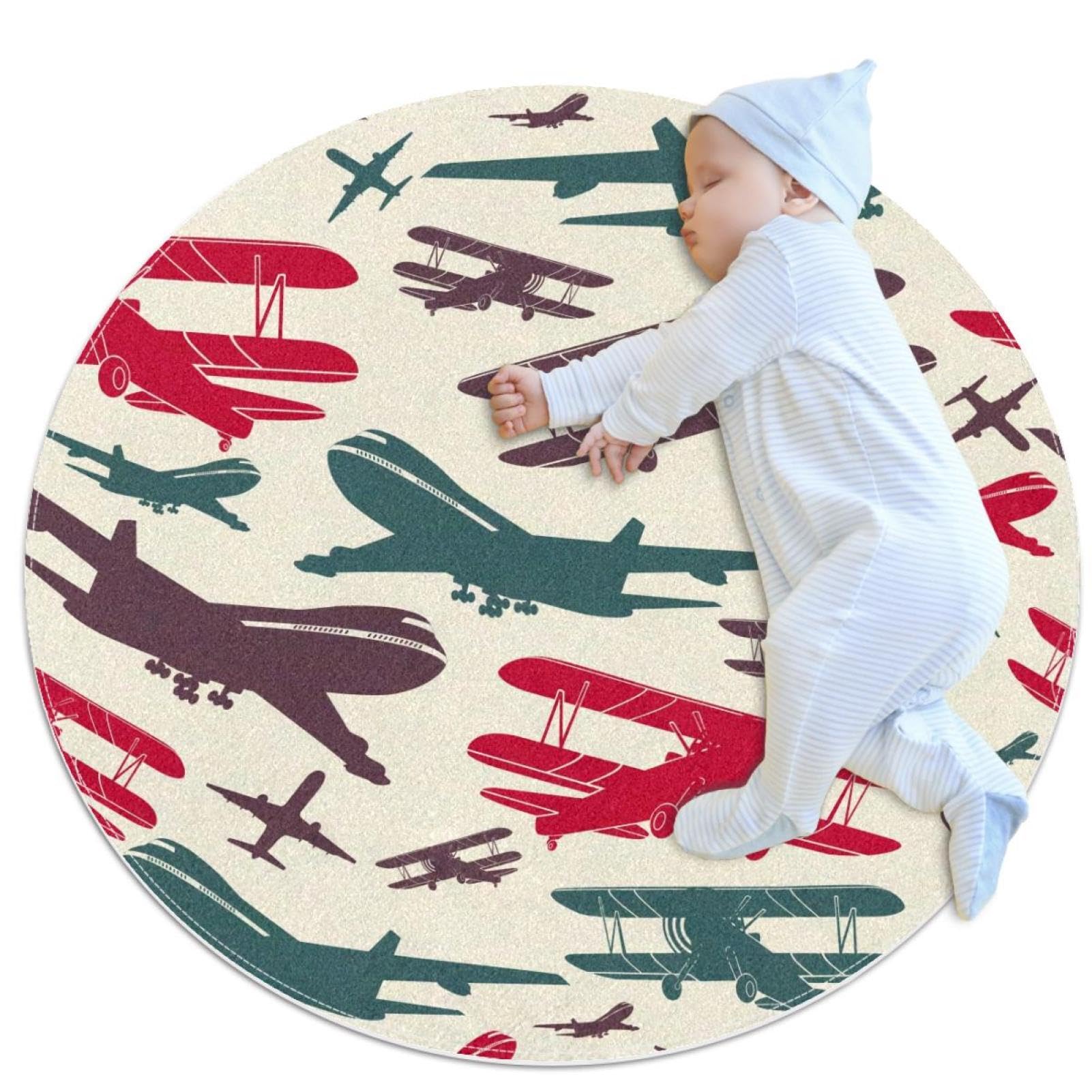 Tapis chambre enfant avion de combat vintage de forme ronde antidérapant