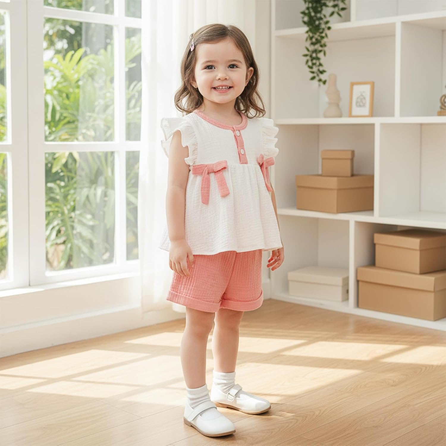 Toddler Girl Clothes Baby Summer Spring Outfits Cute Bow Button Smocked Ruffle Sleeve Tops ＋ Girls Shorts Set - Image 6