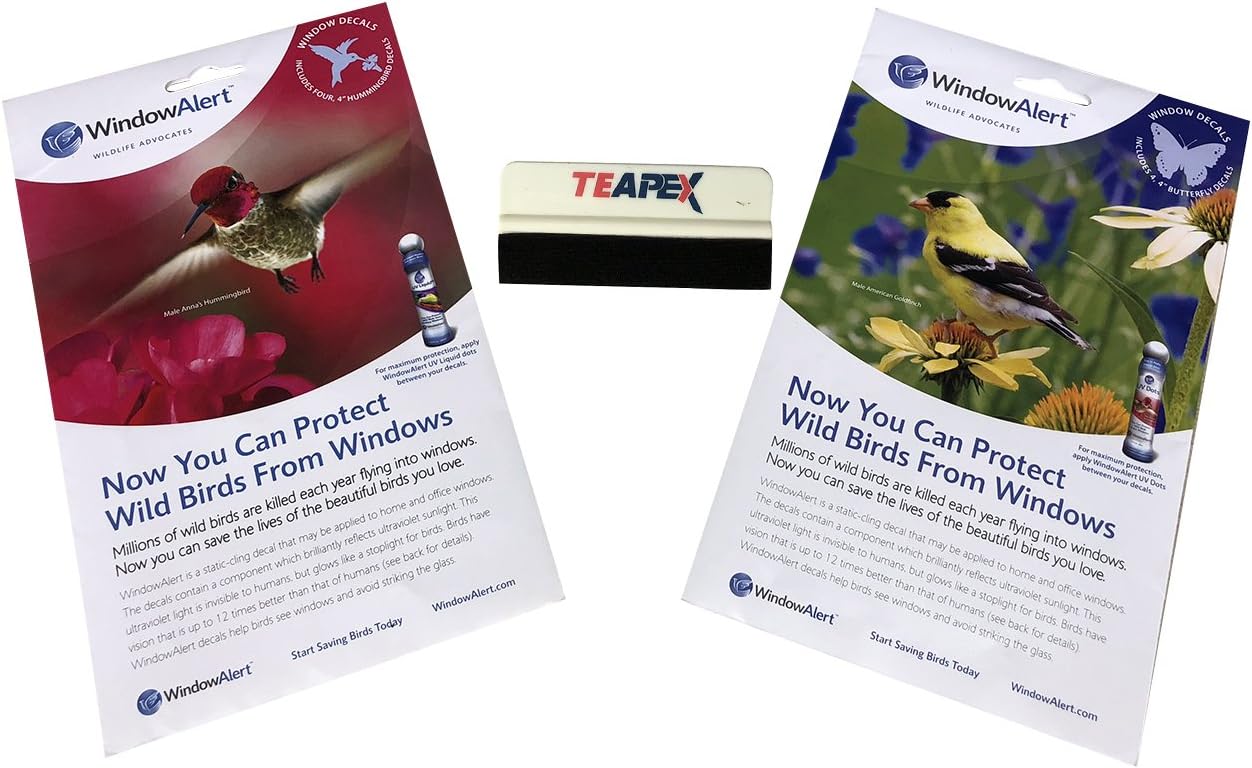 Window Clings Bird Deterrent by Window Alert - 4 Hummingbird and 4 Butterfly UV Reflective Decals - Includes Squeegee