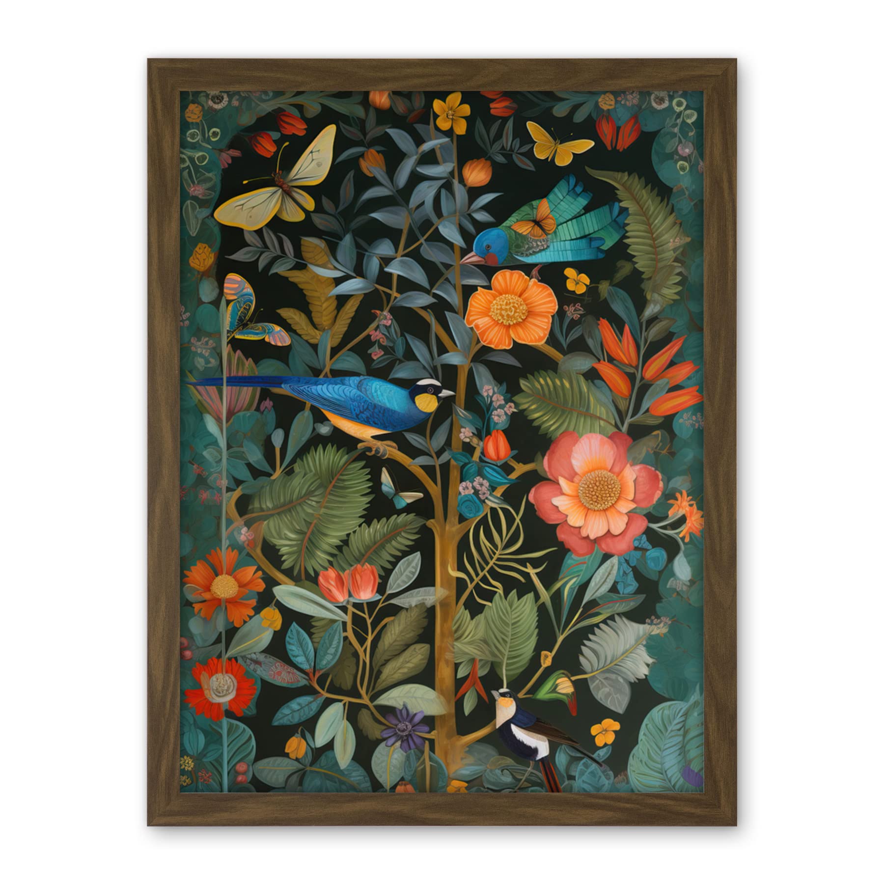 Artery8 Birds and Butterflies Modern Flower Art Nouveau Artwork Framed Wall Art Print 18X24 Inch