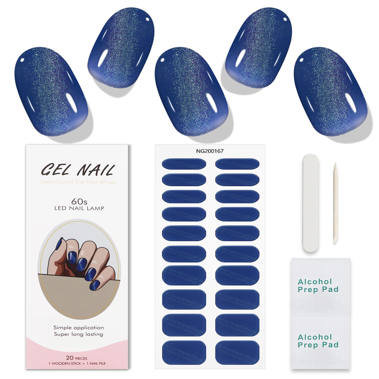 JMEOWIO Gel Nail Stickers Cat Eye Dark Blue Semi Cured Gel Nail Strips Wraps UV/LED Nails Art Design Decoration Accessories