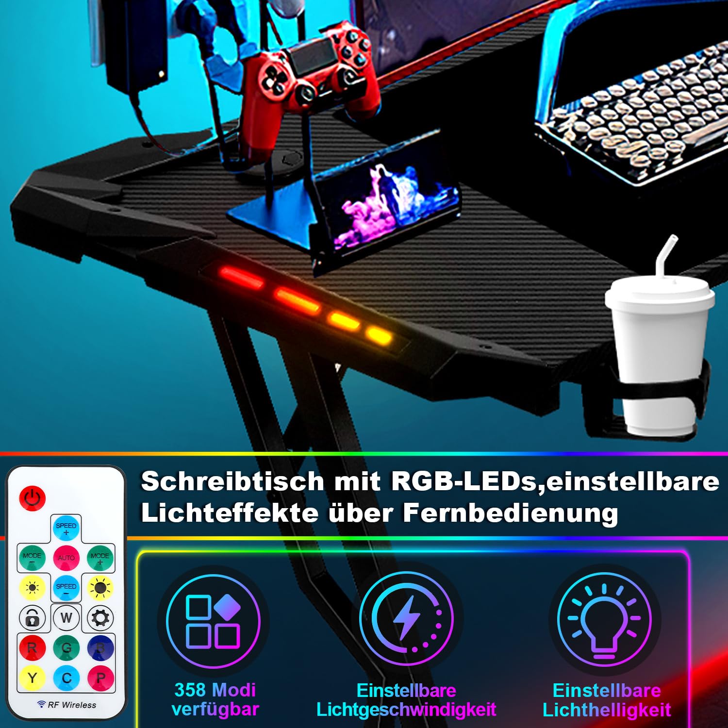 Scrivania da gioco, tavolo da gioco con LED 140 x 60 cm, tavolo a forma di Z con tappetino per mouse, tavolo per computer ergonomico per gaming con gancio per cuffie e porta bevande, tavolo
