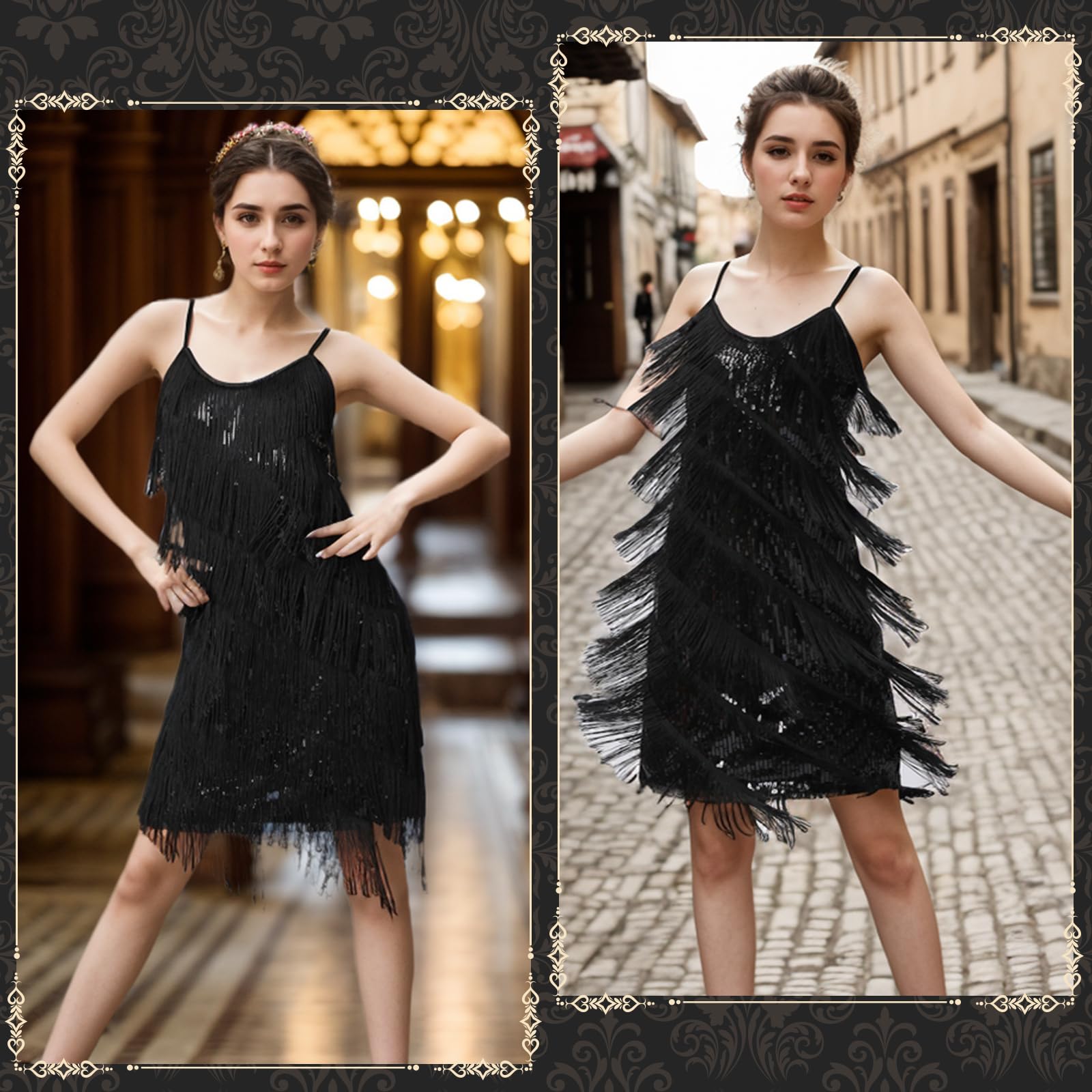 PLULON Robe années 1920 Gatsby à sequins à franges vintage pour femme Robe de soirée cocktail avec accessoires années 20 Costume pour soirée bal