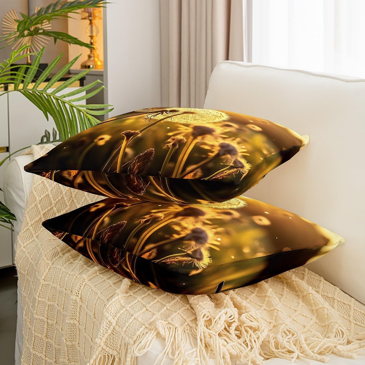 Dragonfly Throw Pillow Covers 24x24 Inch Set of 2, Dandelion Floral Cushion Covers, Farmhouse Style Botanical Plants Pillow Covers, Natural Flying Animals Sunshine Decorative Pillow Covers, Yellow