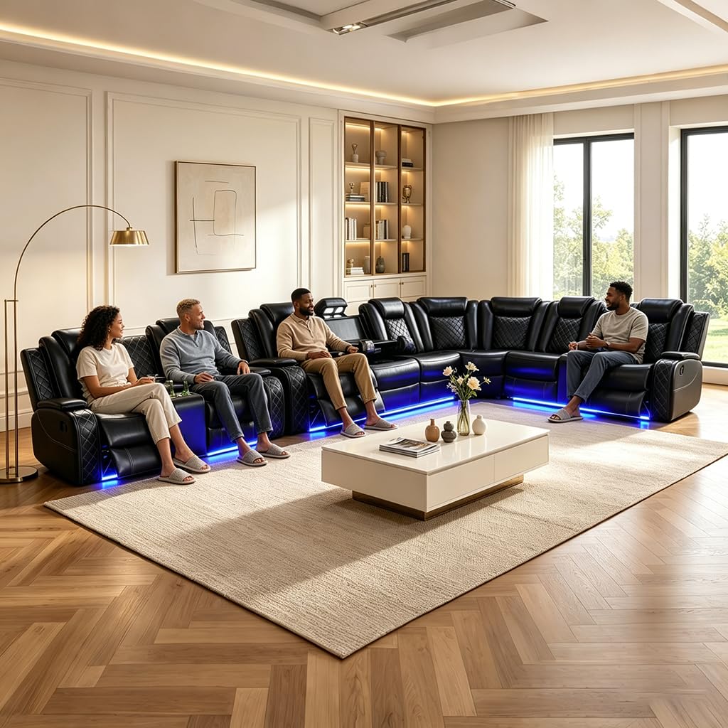 Power Reclining Sectional Sofa Set, Living Room Furniture Sets, Breathing Leather Sectional Couch and Loveseat with 4 Recliners, LED Light, USB Charging Port & Storage for House/Home Theater view 8