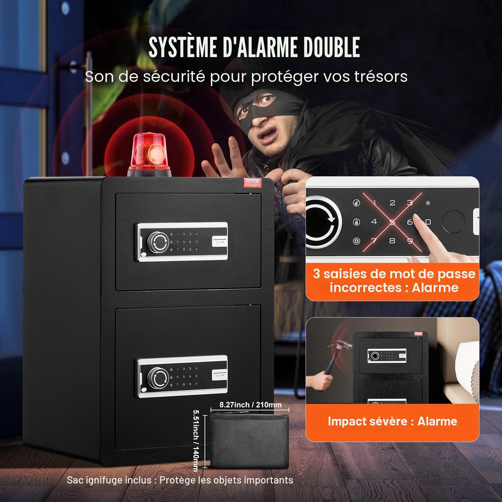 VEVOR Coffre-fort à Double Porte 99 L, Déverrouillé par Clé et Mot de Passe, avec Sac Ignifuge, Porte-Clés, Lumière LED et 2 Séparateurs Réglables en Hauteur et Amovibles, pour Argent, Bijoux, Noir