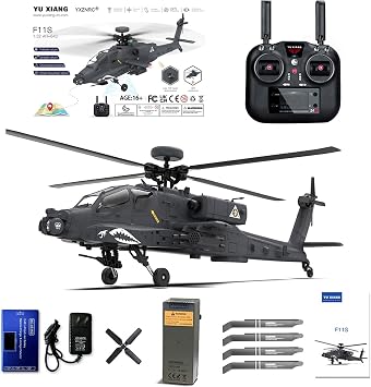 YU Xiang F11-S AH64 RC Helicopter for AH64 Apache, 1/32 Scale 2.4G 6CH 6-Axis Gyro 6G/3D GPS Stabilization Remote Control Military Aircraft Toys for Adults - RTF GPS Smart Version