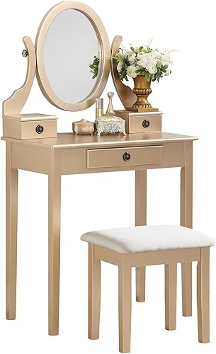 Roundhill Furniture Moniys Wood Moniya - Juego de mesa y taburete de maquillaje, color dorado
