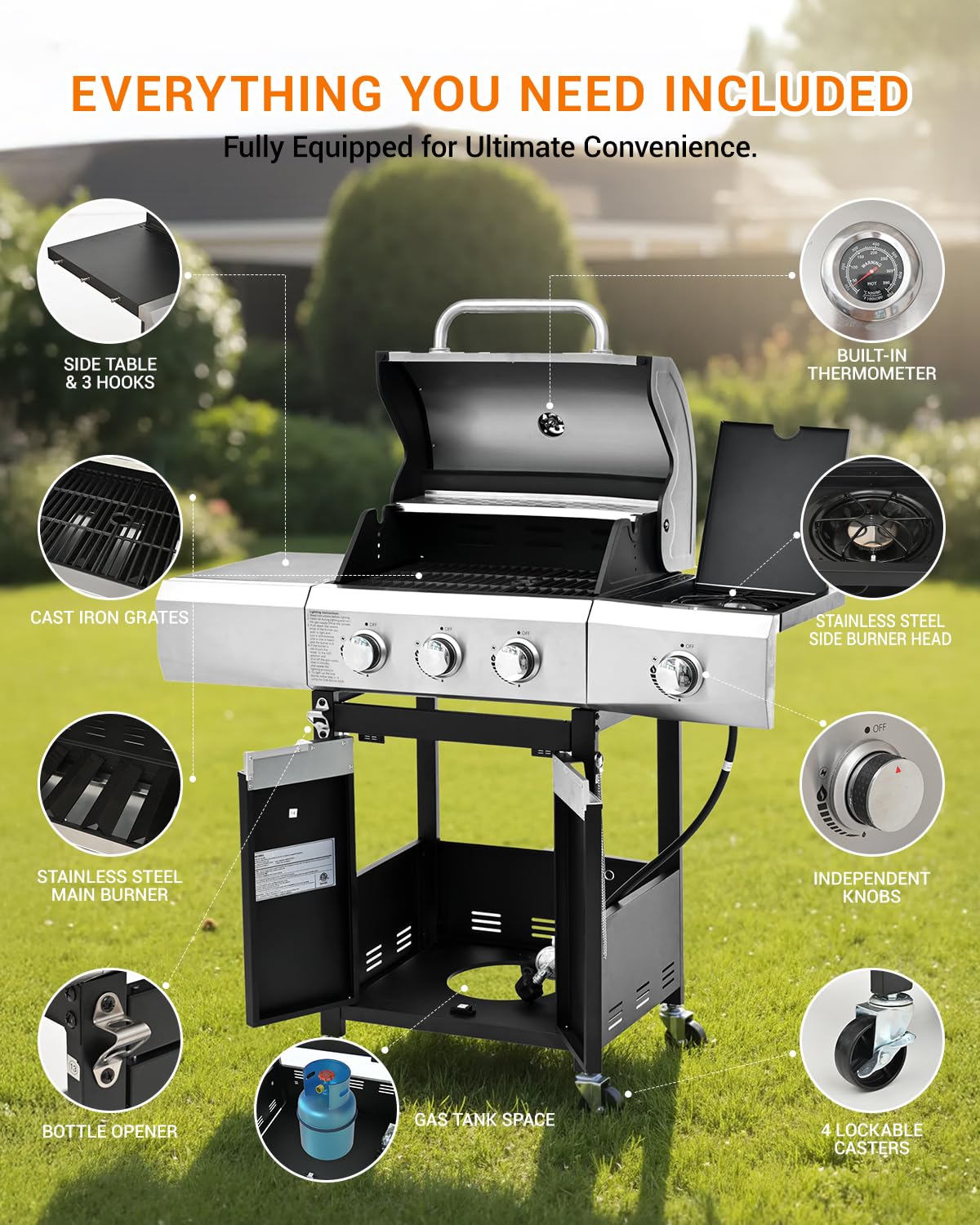 EUHOME 40,500 BTU 3-Burner Propane Gas Grill with Side Burner,Stainless Steel Outdoor BBQ Grill Portable with Wheels and Cast Iron Grates for Patio Garden Barbecue Cooking — view 6
