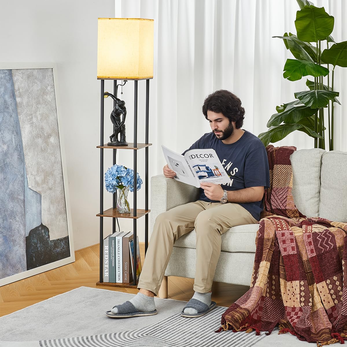 IPARTS EXPERT Lampadaire sur Pied Étagère LED 3 Temp. Vintage | Bibliothèque sur pied moderne avec ampoule E27, pour chambre, salon et coin canapé