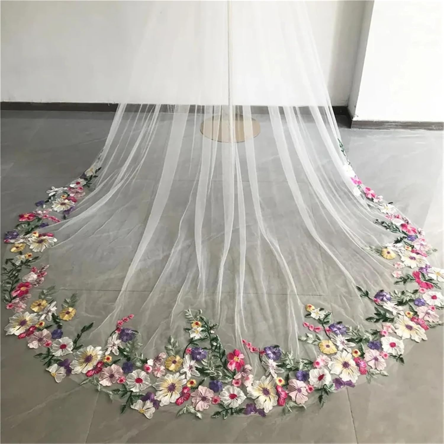 Colorful Floral Cathedral Wedding Bridal Veils With Comb Long Accessories Brides