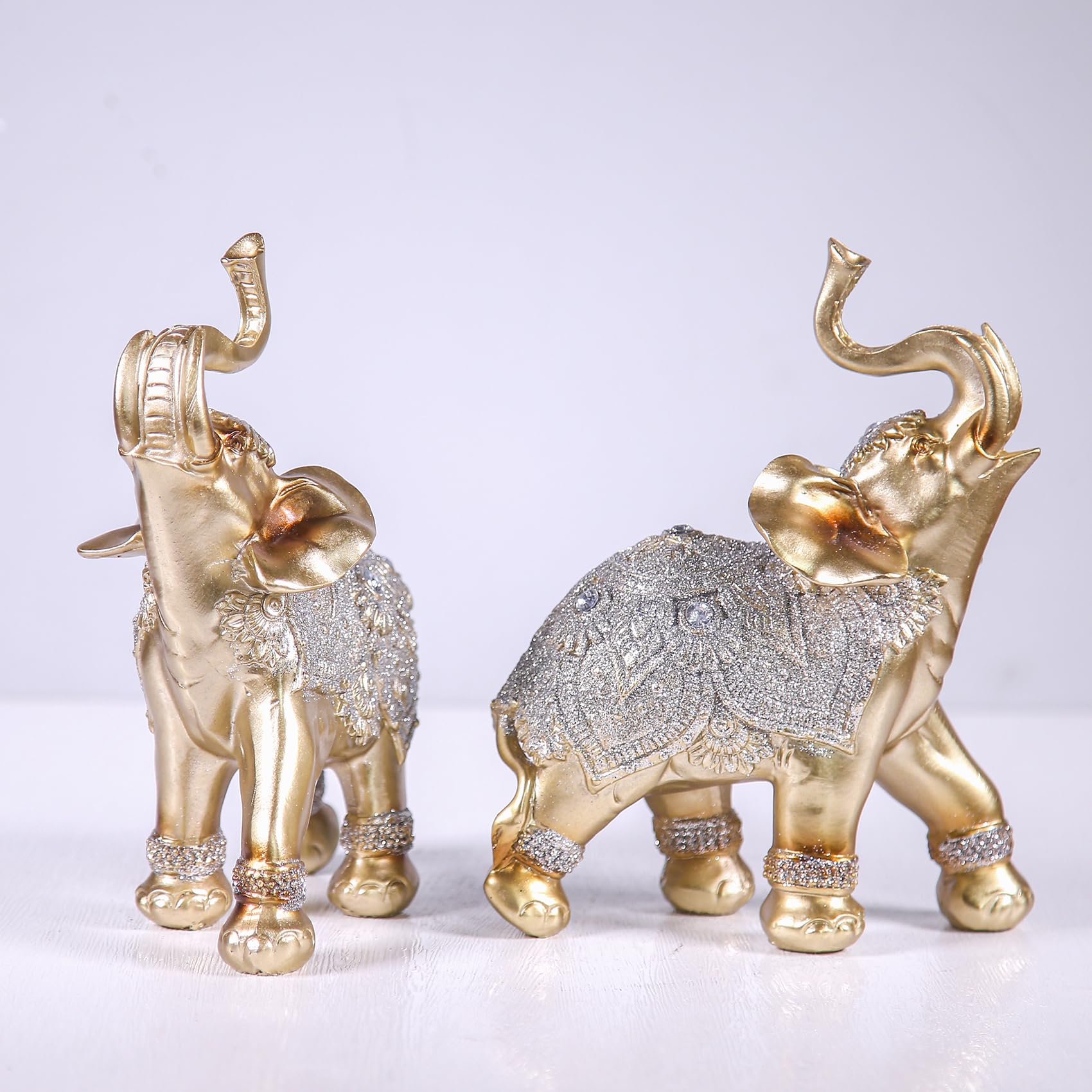 Juego de figuras decorativas de elefante, oro y plata, 21 cm de altura, diseño de mandala con purpurina