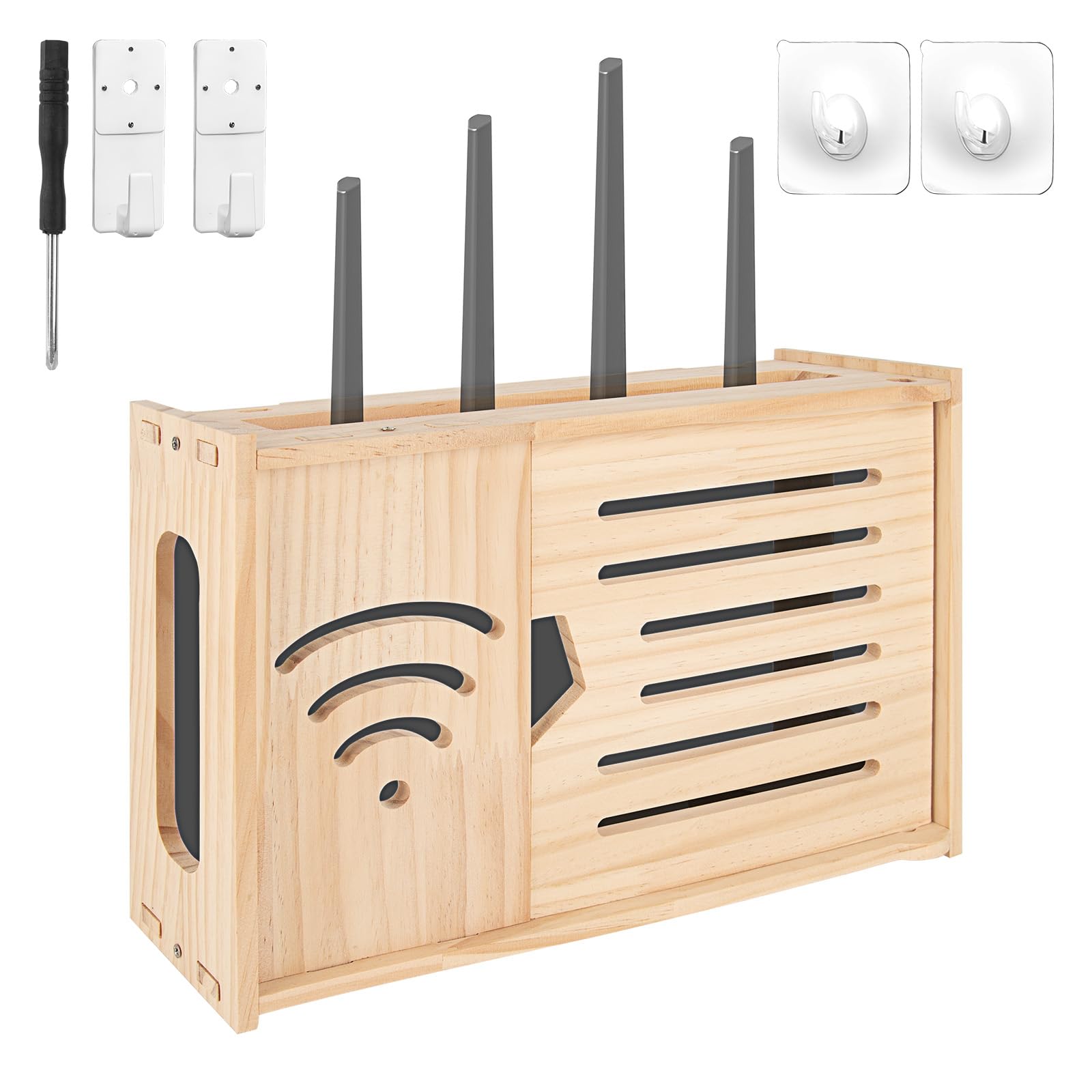 Kingshion Wooden Wall Mount Router Shelf Storage Box, 13" Wifi Cable Cord Organizer Cabinet, Wireless Internet Device Hide Storage Holder