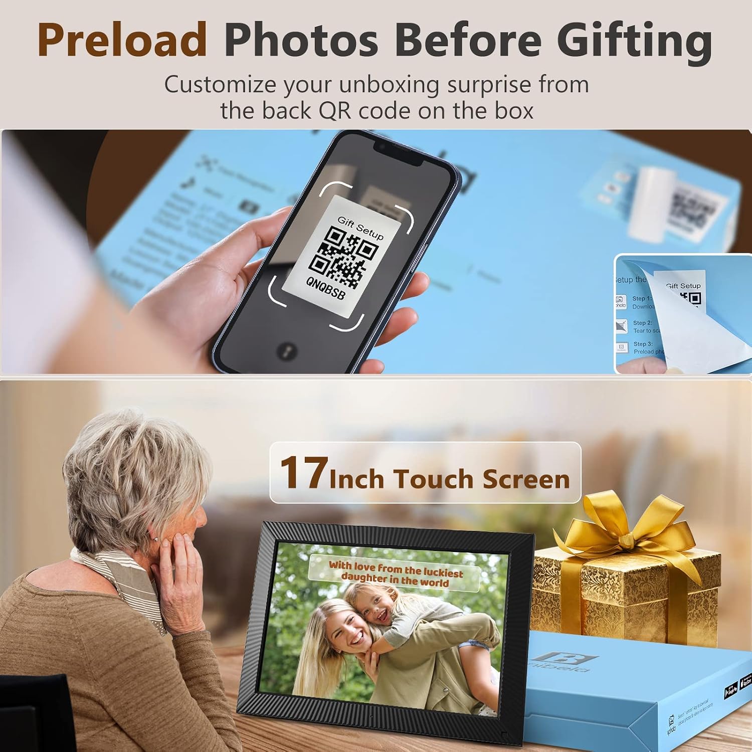 Smartphone scanning a QR code on the back of the product box to preload photos