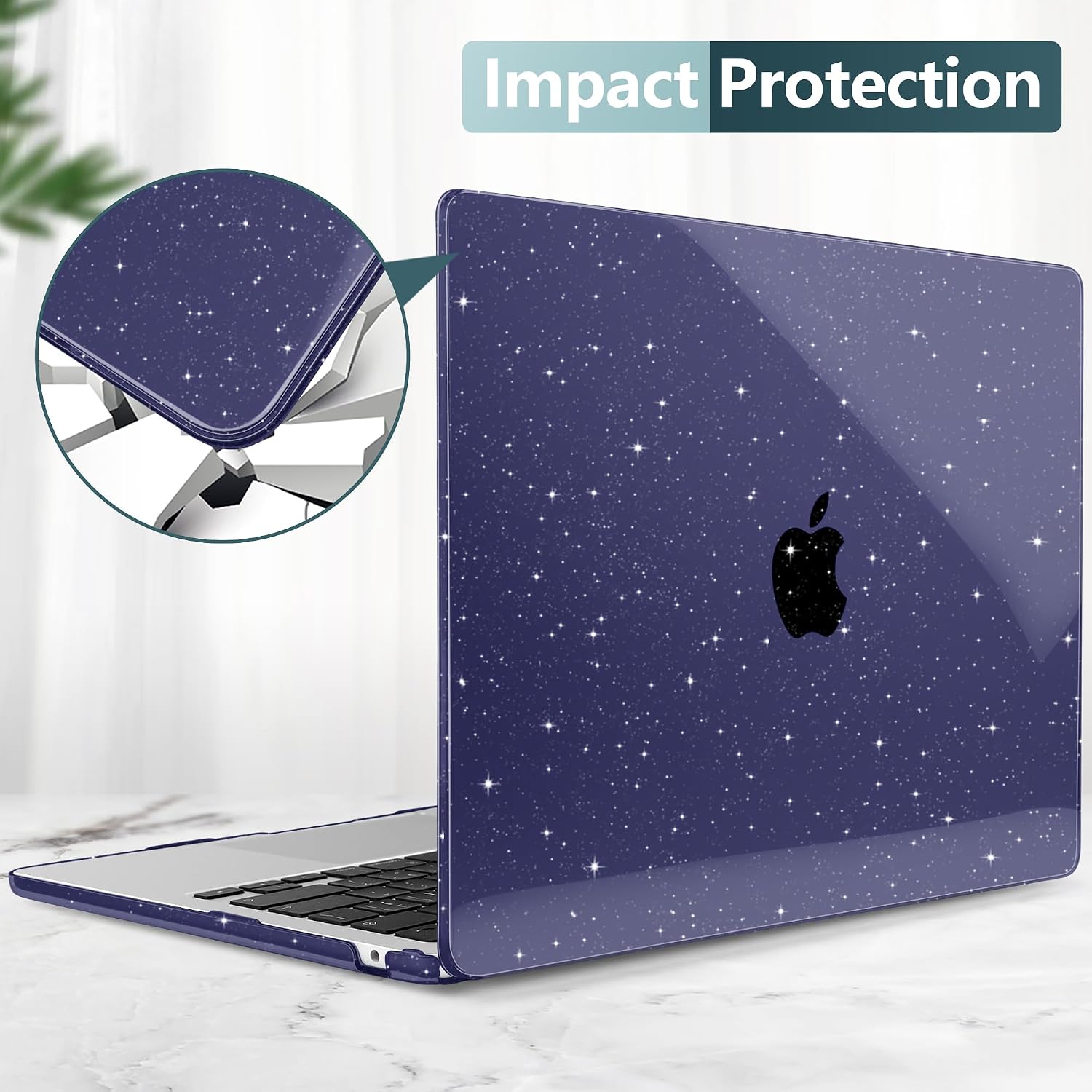 TWOLSKOO for MacBook Air 13.3 inch Case 2021-2018 M1 A2337 A2179 A1932 with Retina Display, Plastic Hard Shell Case with Keyboard Cover & Type C Adapter 2 Pack & Camera Cover, Glitter Space Blue