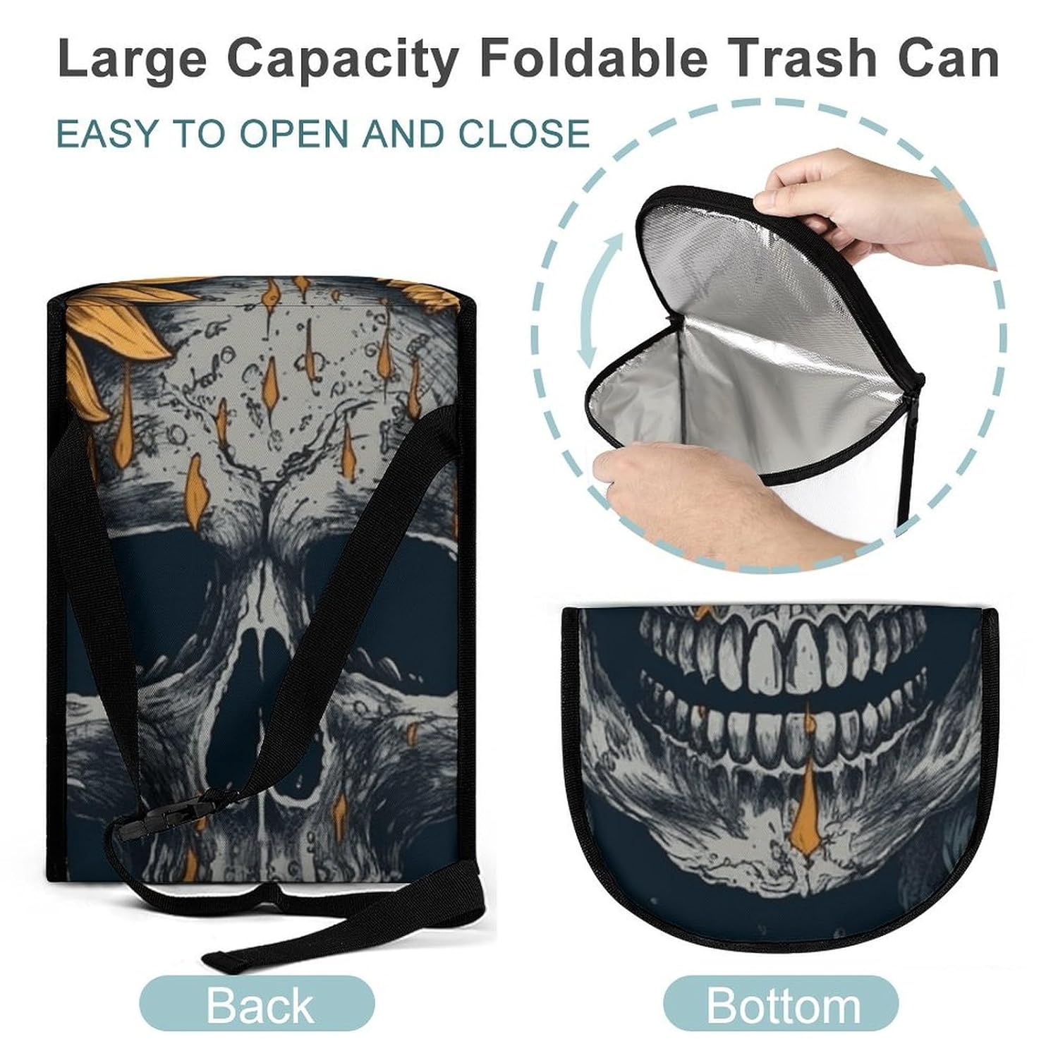 MUSM Leakproof Car Trash Can 2.5 Gallon, Durable Automotive Garbage Bag with Waterproof Liner, Skull and Sunflower Trash Bag for Car, Truck, RV & Bathroom