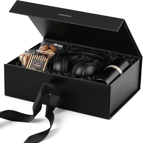 JOHOUSE Caja de regalo con tapa de cierre negro, caja de regalo de lujo con cierre magnético, caja de regalo plegable con cinta para regalo de