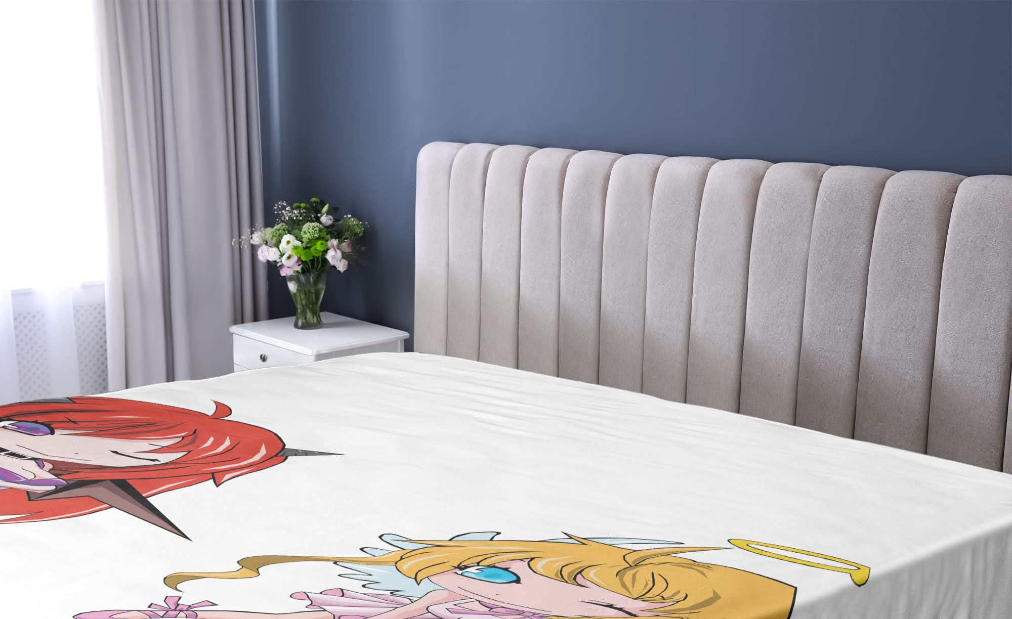 Ambesonne Anime Fitted Sheet, Angel Wings and Demon Girl Horns Comic Japanese Manga Art Print, Soft Decorative Fabric Bedding All-Round Elastic Pocket, Queen Size, Red Yellow